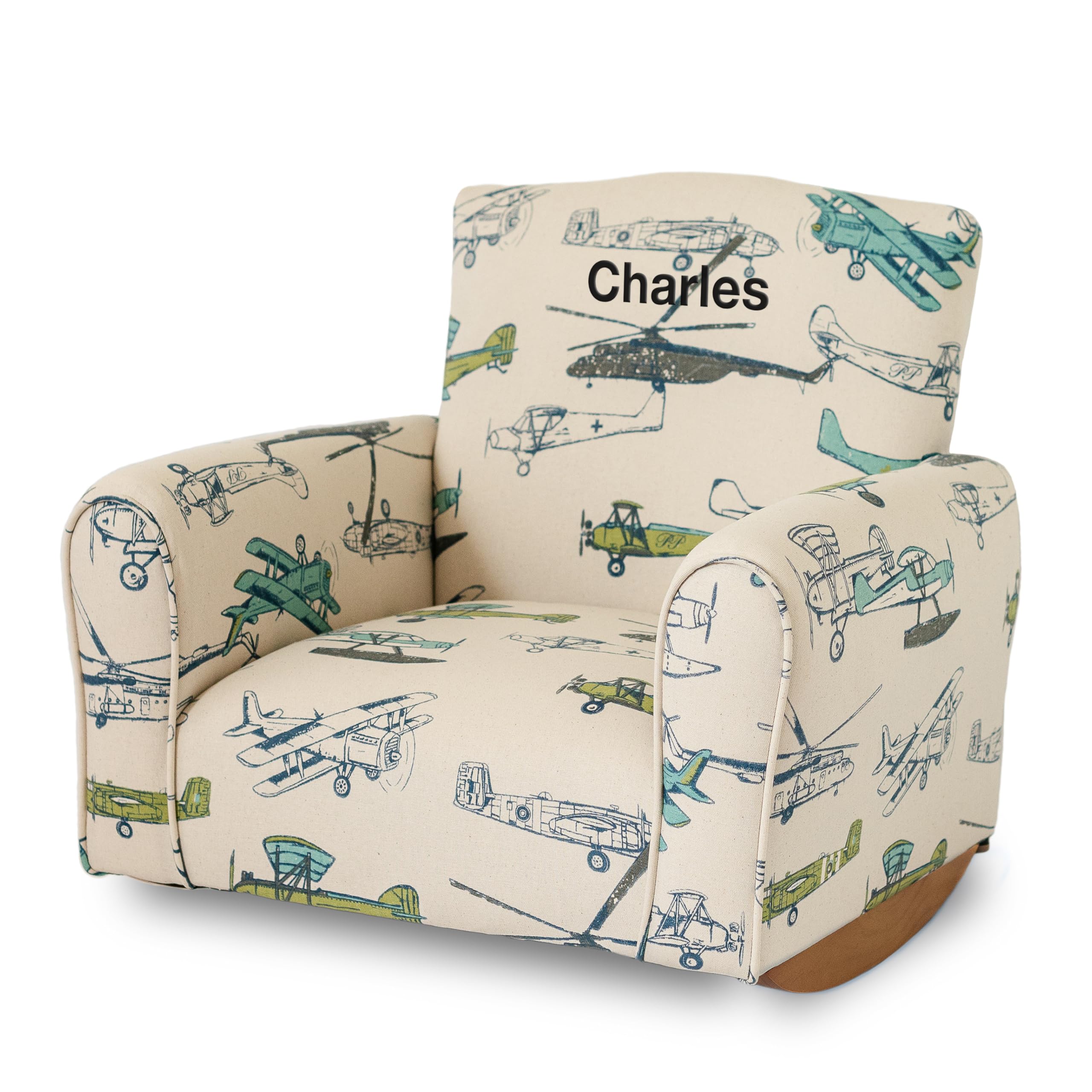 Personalized Kids Upholstered Rocking Chair with Name - Airplane Print Toddler Armchair for Nursery, Bedroom & Playroom - Comfy Personalized Children's Furniture Gift for Boys & Girls