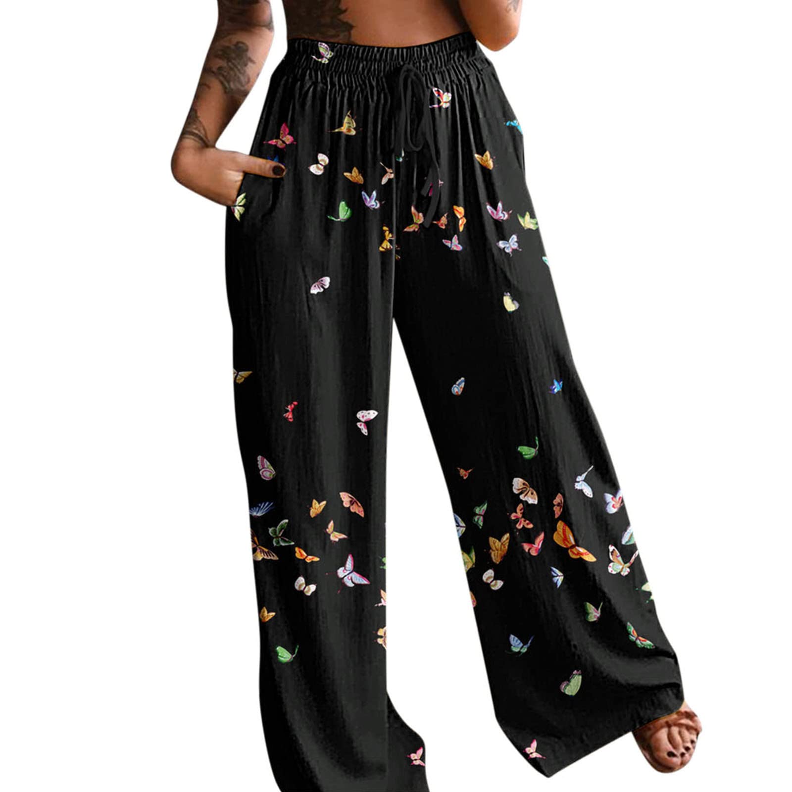 Women's Floral Printed Cotton Linen Wide Leg Palazzo Pants - High Waisted Summer Casual Pants with Pockets | Perfect for Beach, Vacation & Boho Style Outfits