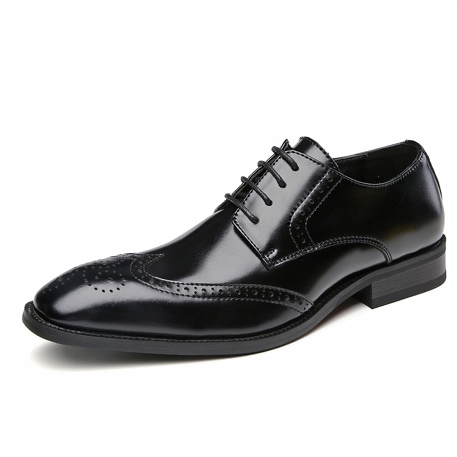 ANGELIA Men's Leather Dress Shoes - Formal Lace Up Derby Brogue Wing Tip Embossed Burnished Toe Leather Shoes with Non-Slip Block Heel | Perfect for Wedding, Business & Office Occasions