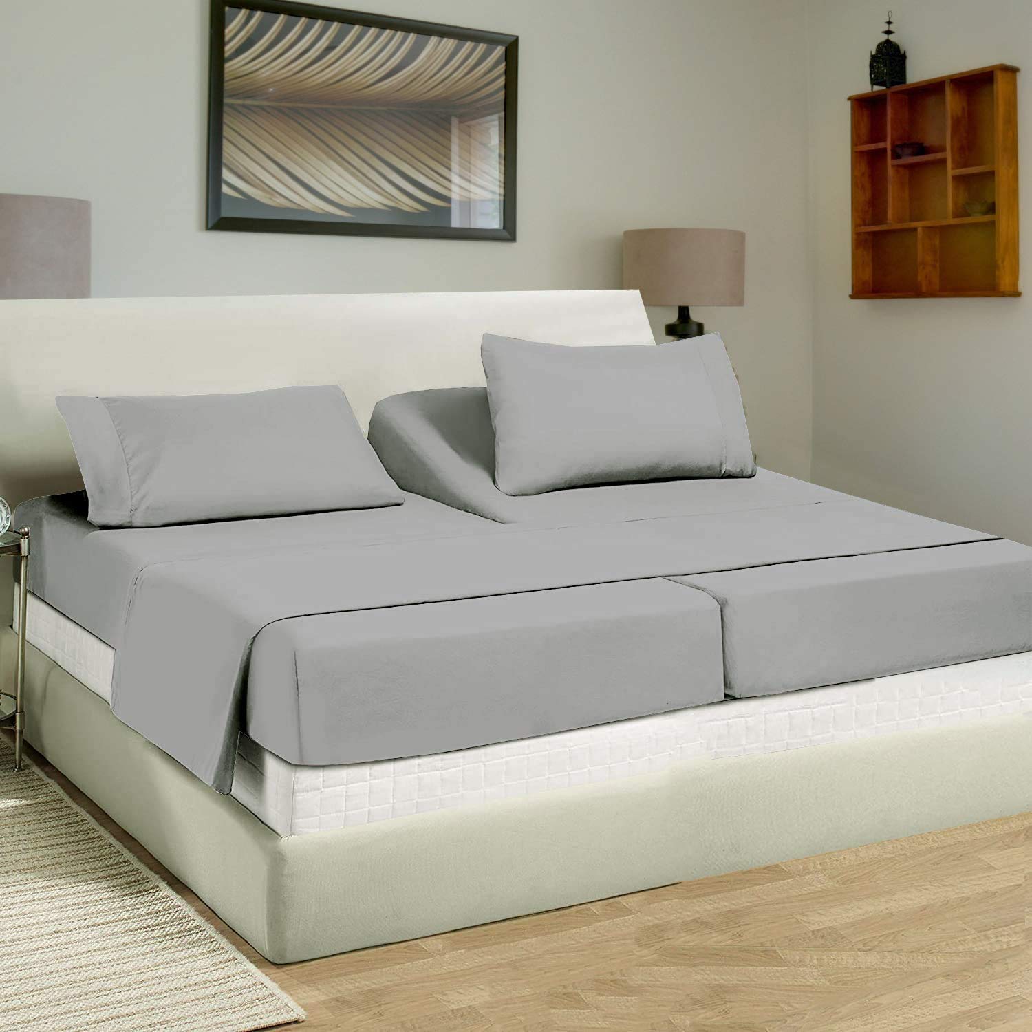 Split King Sheet Set - 7 Piece 100% Egyptian Cotton Bedding with Extra Deep Pockets for Adjustable Beds - Soft Breathable Twin XL Sheets in Light Grey - Perfect for Master Bedrooms, Guest Rooms & Luxury Hotels
