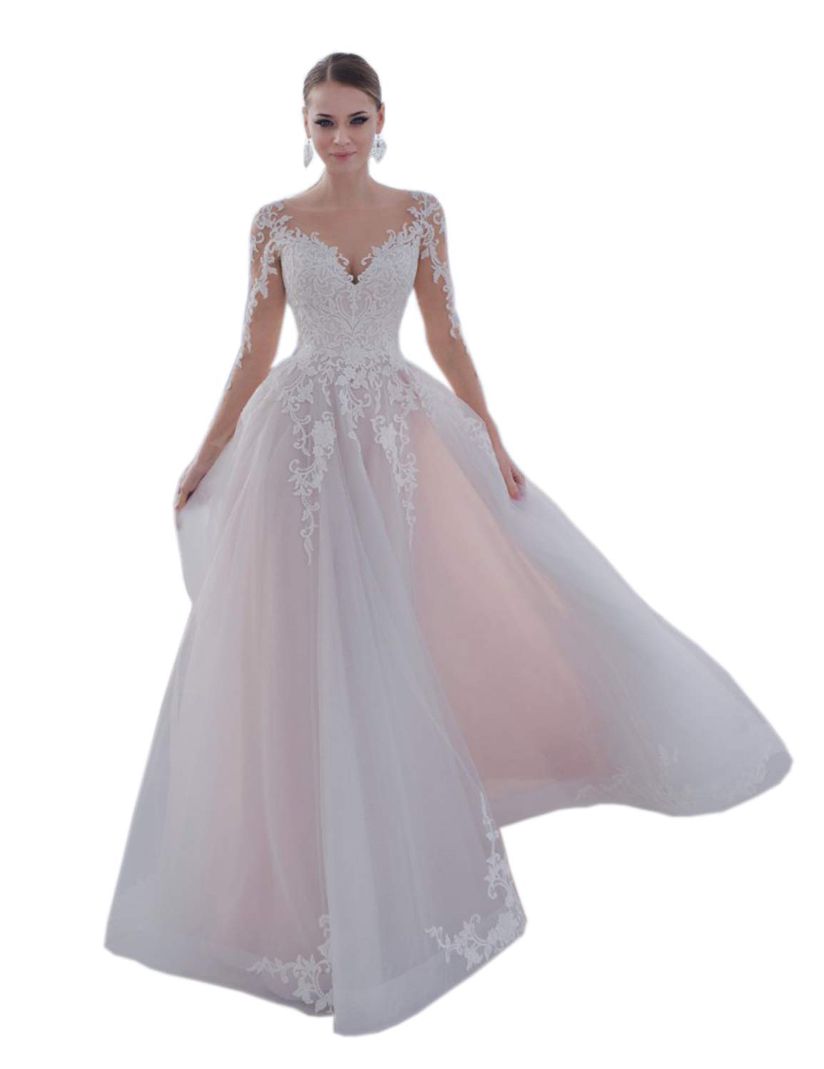 Ivory Wedding Dresses for Bride 2023 - Princess Ball Gown with Long Sleeves & Lace Details - Beach Bridal Gowns - Perfect for Beach Weddings, Vow Renewals & Romantic Photoshoots