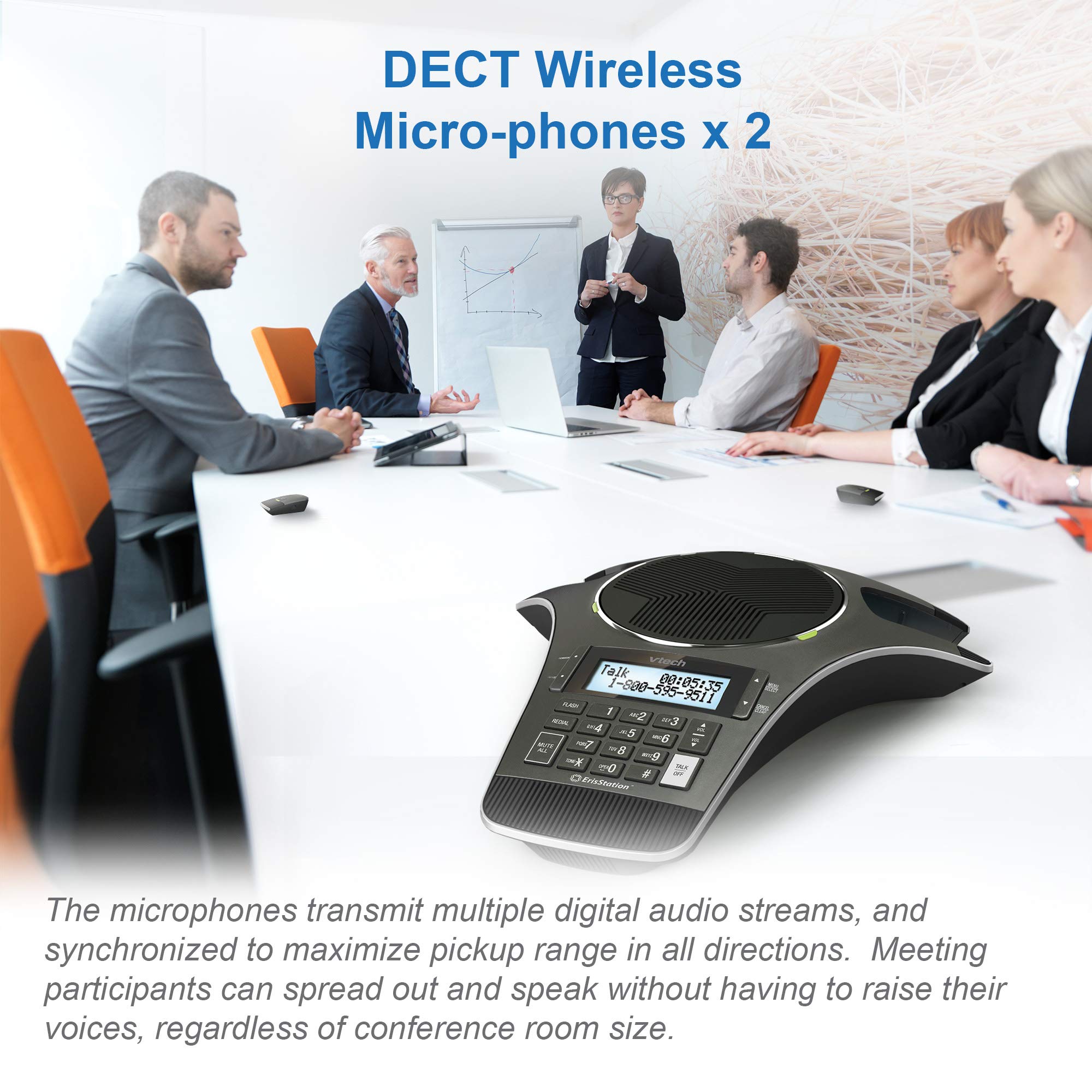 VTech VCS702 ErisStation DECT 6.0 Conference Phone with 2 Wireless Microphones - OrbitLink Wireless Technology for Clear Audio - Perfect for Office Meetings & Conference Calls