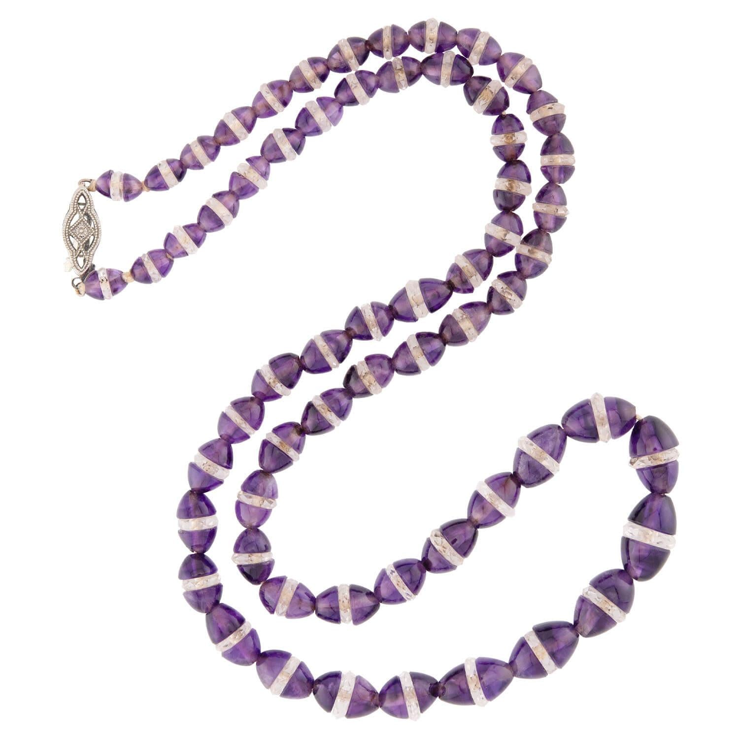 18K Gold Art Deco Amethyst & Rock Quartz Crystal Rondelle Bead Necklace - Elegant Vintage Jewelry for Women, Perfect for Weddings, Parties & Special Occasions