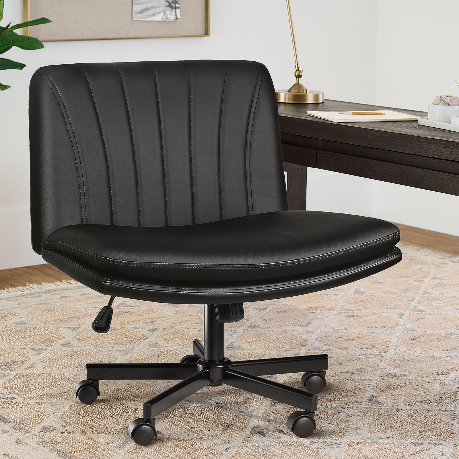 LEMBERI Armless Office Desk Chair with Wheels - Faux Leather Cross Legged Wide Swivel Chair, Mid Back Computer Task Chair for Home Office, Small Space, Bedroom - Ergonomic Comfort for Work, Study & Makeup (Black)