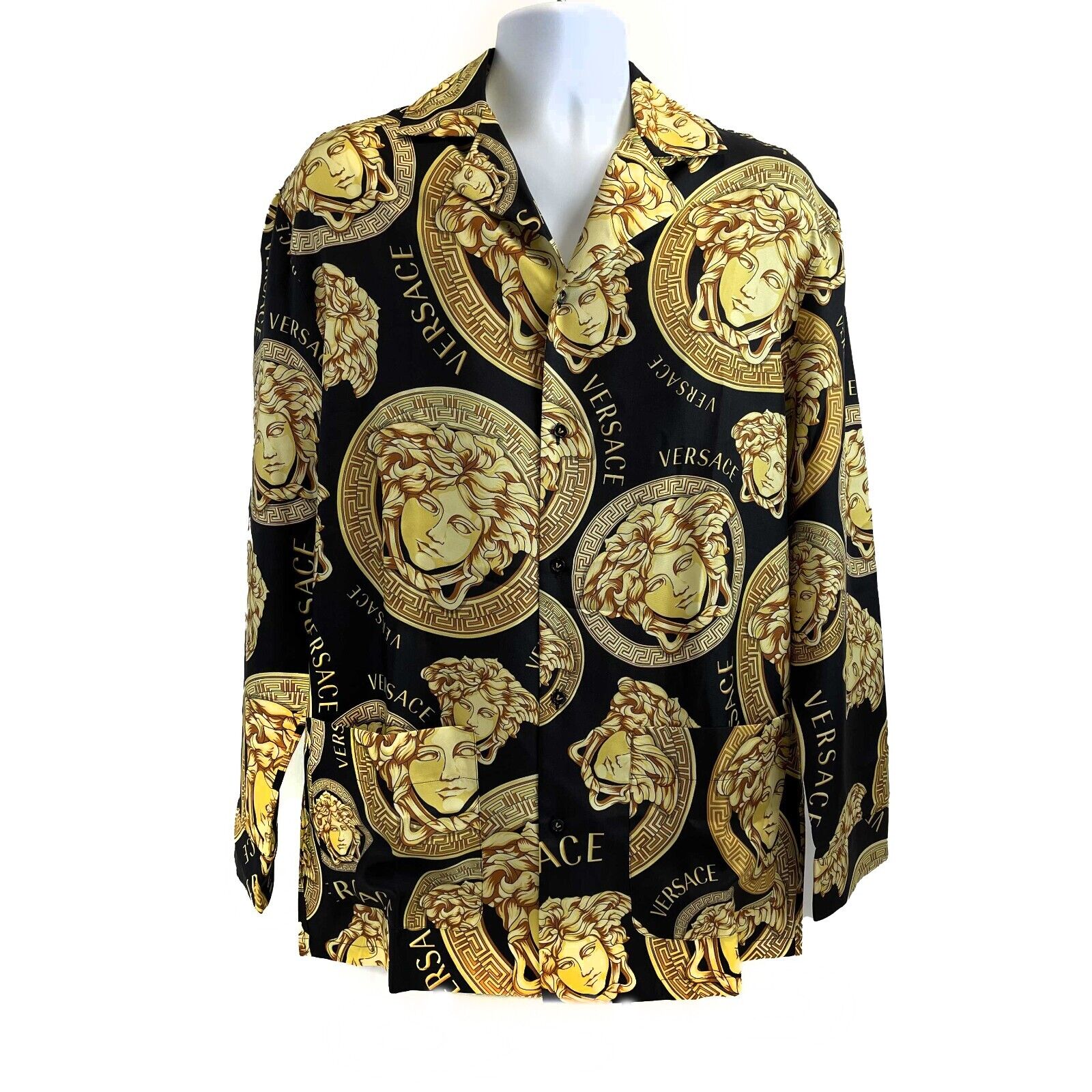 Versace Medusa Amplified Print Silk Pajama Shirt for Men - Black & Yellow Luxury Sleepwear - Size 3 / L - Perfect for Lounging, Gifts & Special Occasions