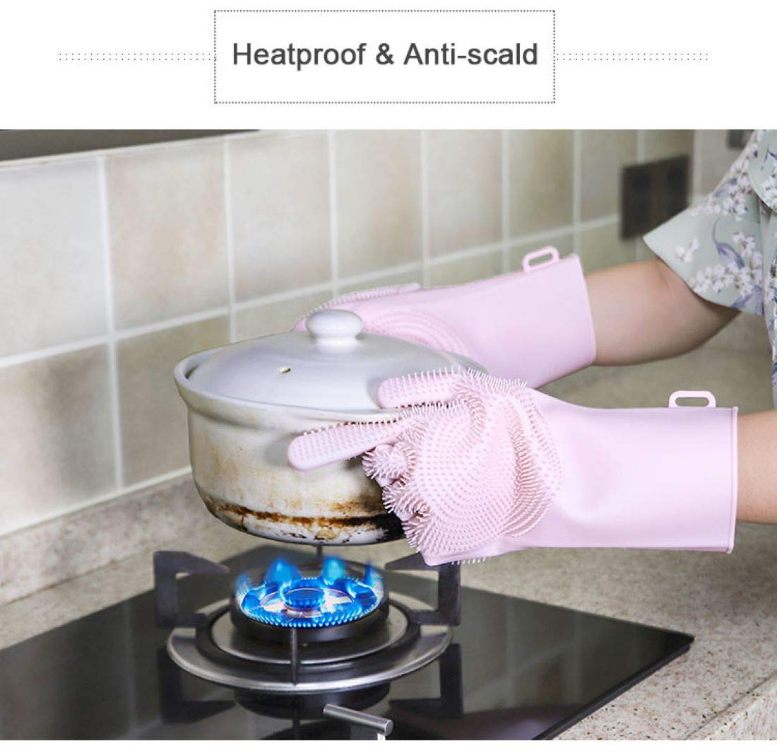Heat Resistant Reusable Silicone Cleaning Gloves with Scrubber - Dish Washing, Car Cleaning, Pet Hair Removal - 1 Pair Multicolor (Perfect for Kitchen, Bathroom & Outdoor Use)