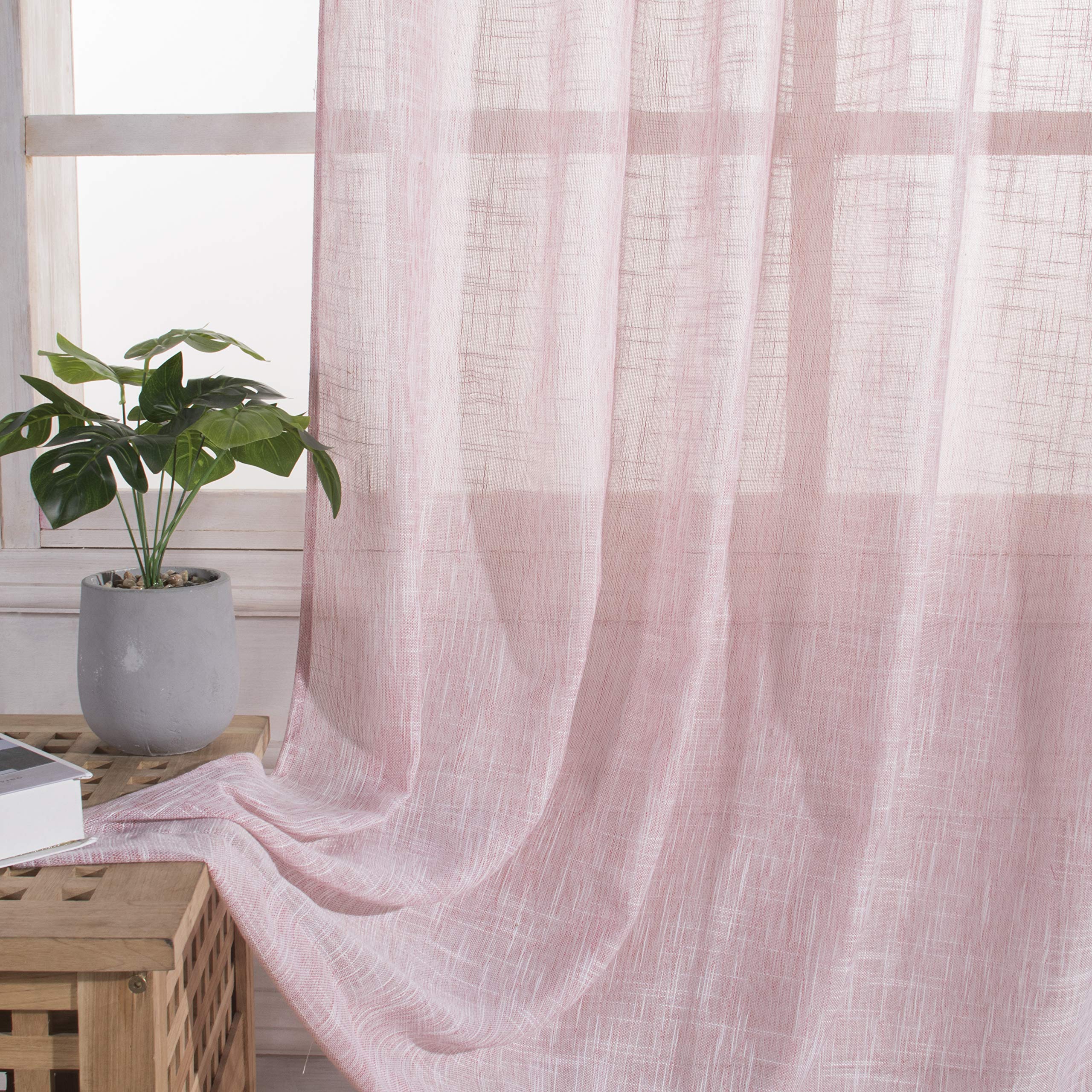 VISIONTEX Sheer Curtains Set of 2 Panels - 54 x 63 Inch Faux Linen Rod Pocket Window Drapes for Girls Bedroom, Blush Pink | Light Filtering Privacy, Boho Chic Decor, Perfect for Nursery, Kids Room & Living Room Windows
