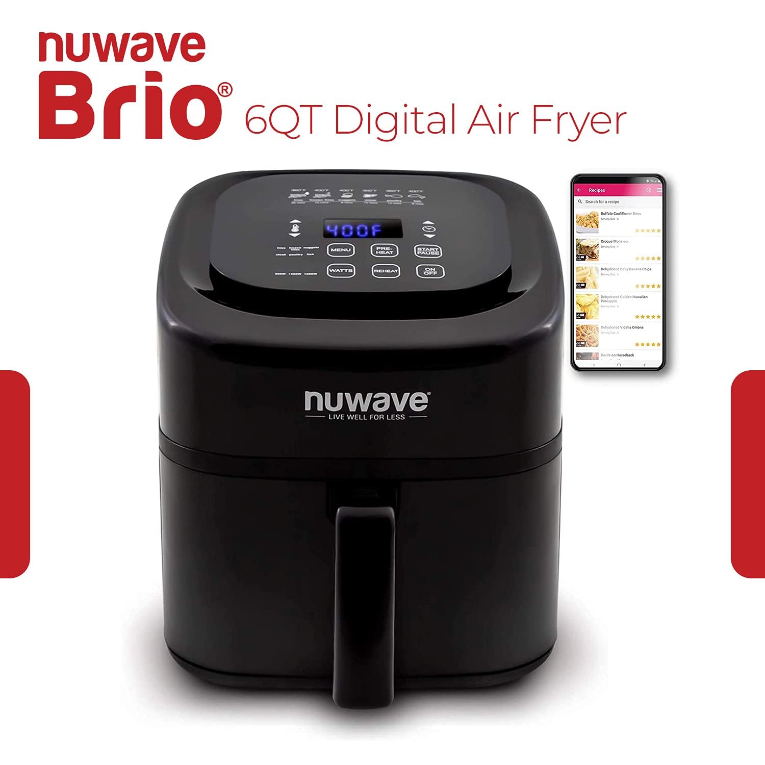 Nuwave Brio 6-Quart Digital Air Fryer with Non-Stick Baking Pan & Stainless-Steel Rack - Healthy Oil-Free Cooking for Family Meals, Snacks & Meal Prep (Black, 6-Quart + Gourmet Kit)