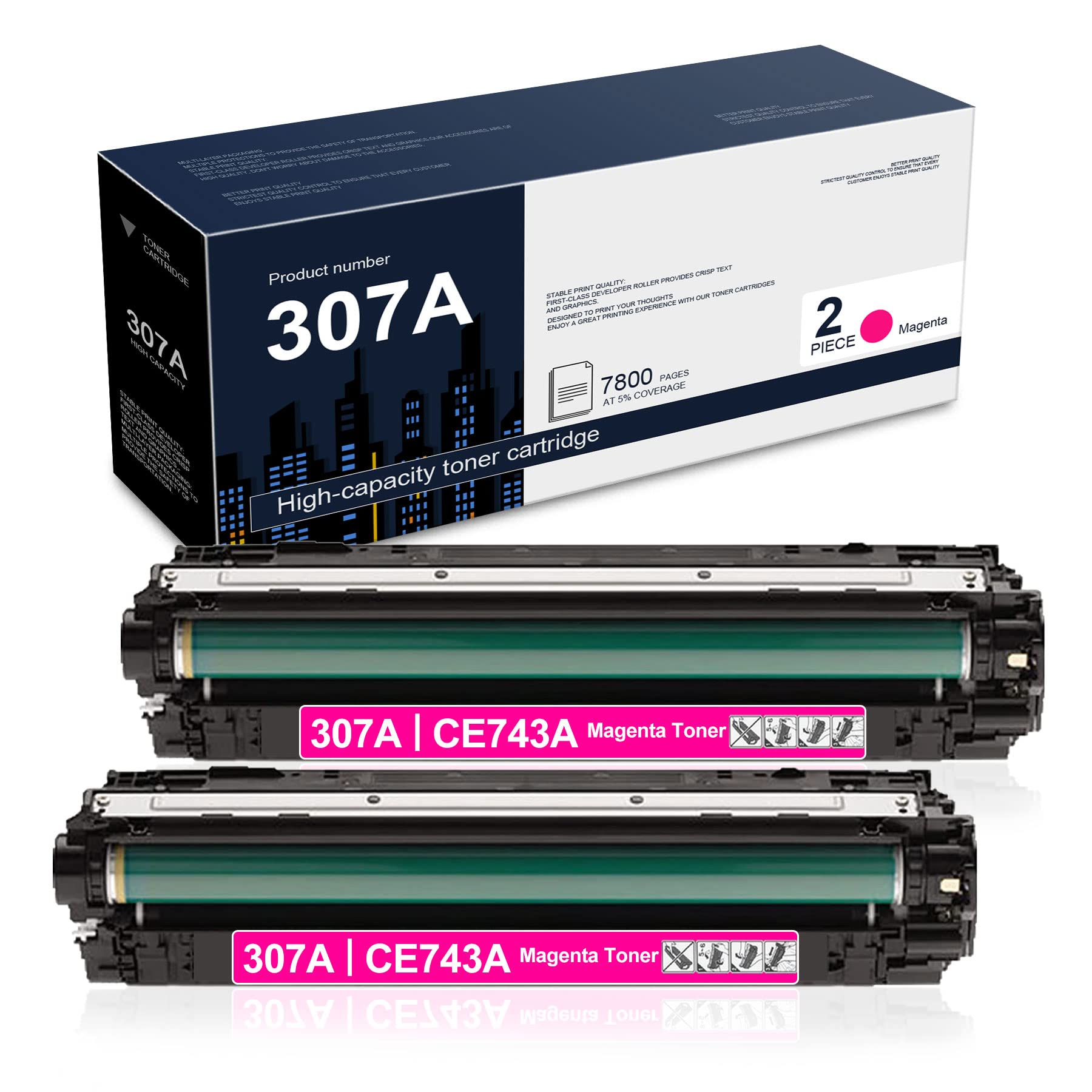 HP CP5220 CP5225 CP5225n CP5225dn Printer Compatible 307A/CE743A Remanufactured Toner Cartridge (2-Pack, Magenta) - High-Quality Replacement for Home & Office Printing
