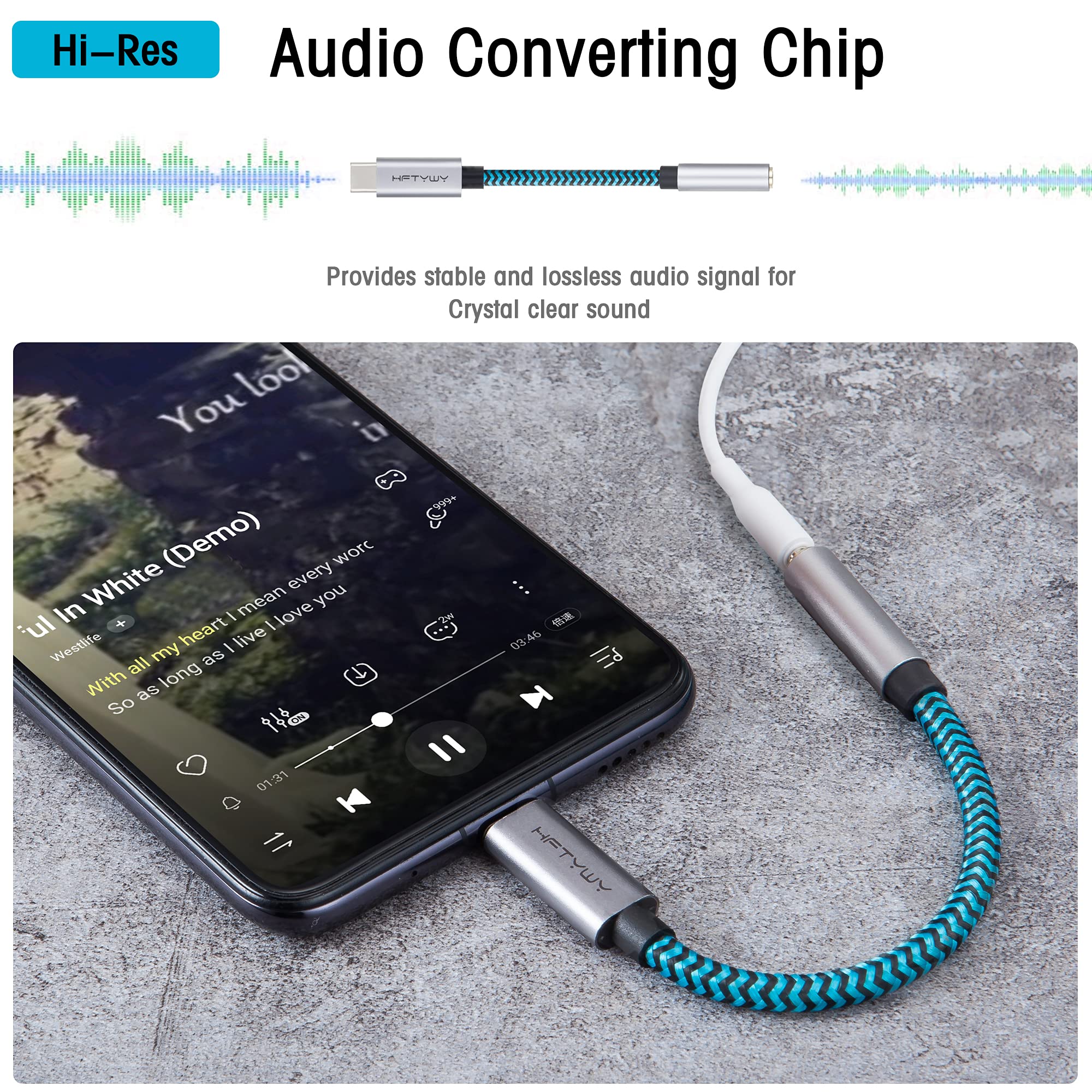USB C to 3.5mm Headphone Adapter Cable 1ft - Hi-Res DAC Audio Dongle - USB Type C to AUX Jack Converter for iPhone, Android, Car Stereo, Headphones, Tablets - Perfect for Travel, Commuting & Home Audio