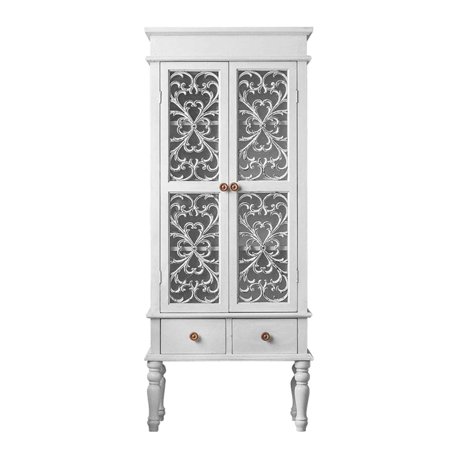 Vintage Wooden Wine Cabinet with 2 Drawers & Cabinet Door - Hollow Carved Bar Storage Display Cabinet for Home Bar - White Retro Style Liquor Cabinet for Dining Room, Living Room or Kitchen Decor