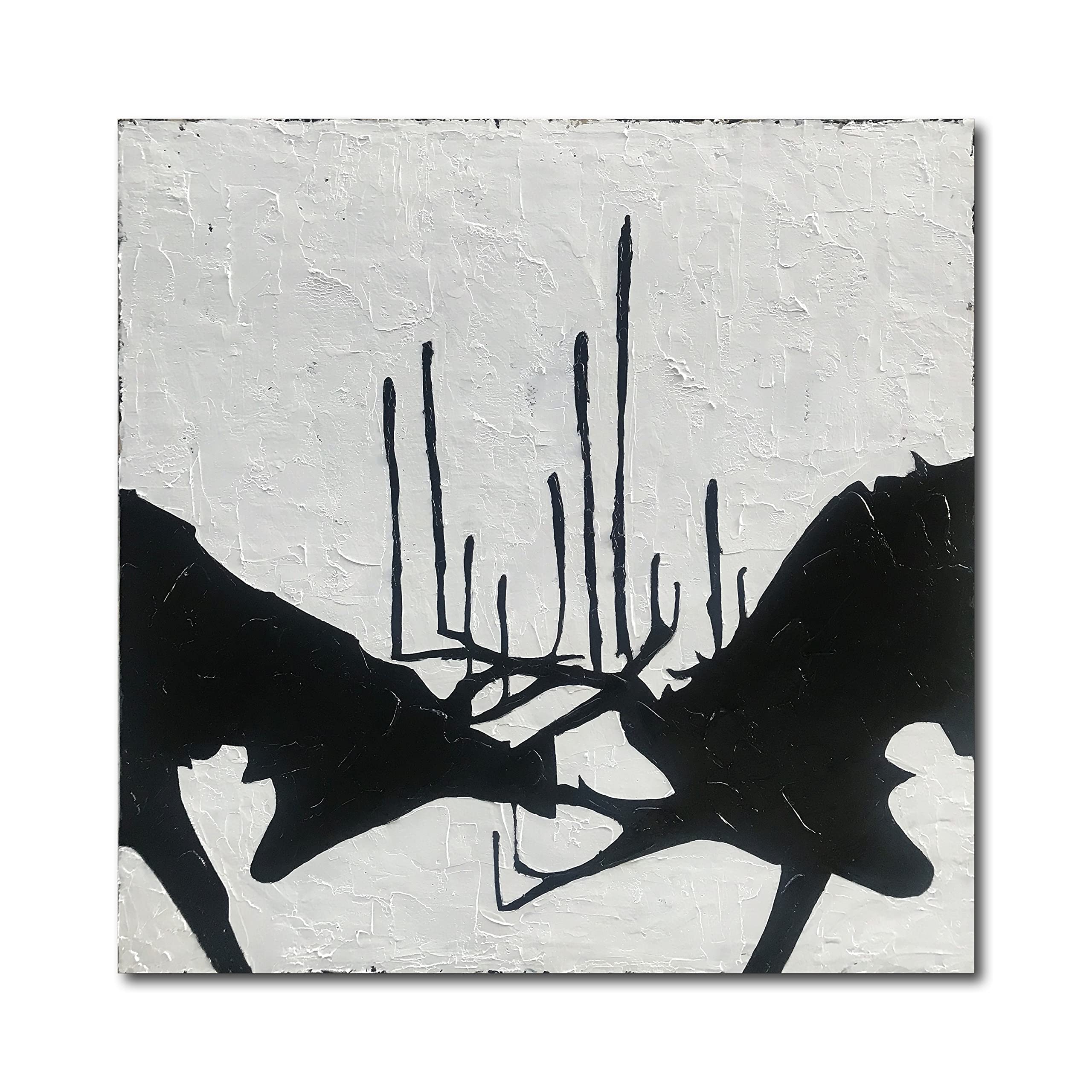Hand-Painted Contemporary Abstract Animal Wall Art - 36x36 Inch Black & White Antler Oil Painting on Canvas, Minimalist Home Decor, Ready to Hang (Perfect for Living Room, Bedroom, or Office Wall Decor)