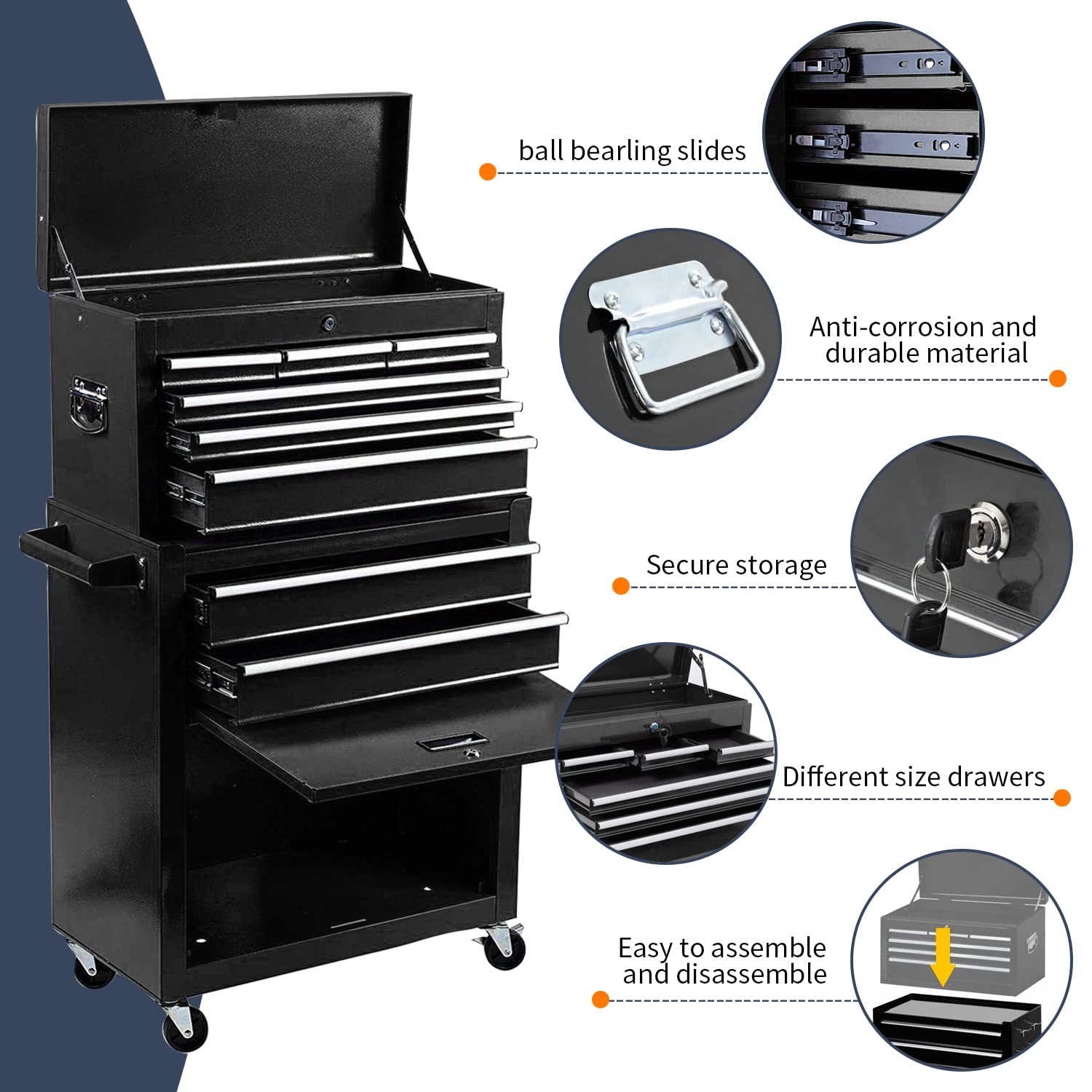 8-Drawer Heavy Duty Rolling Tool Chest with Wheels - Large Capacity Tool Storage Cabinet & Removable Tool Box Combo for Garage, Workshop, and DIY Projects - Perfect for Mechanics, Carpenters, and Home Improvement