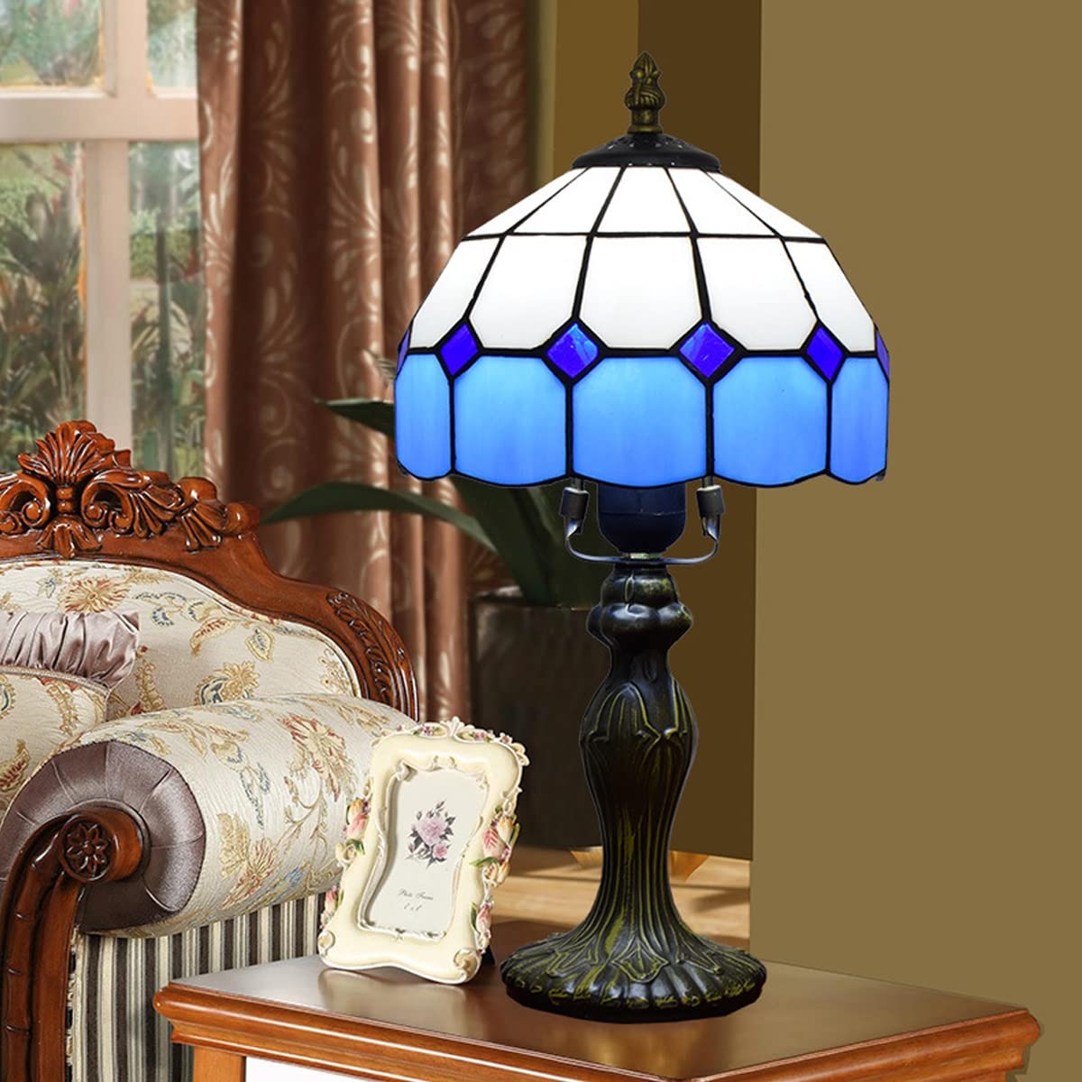Blue Mediterranean Tiffany Style Desk Lamp - 14.2 Inch Handmade Stained Glass Shade with Resin Base - Perfect for Living Room, Bedside, Coffee Bar & Home Decor