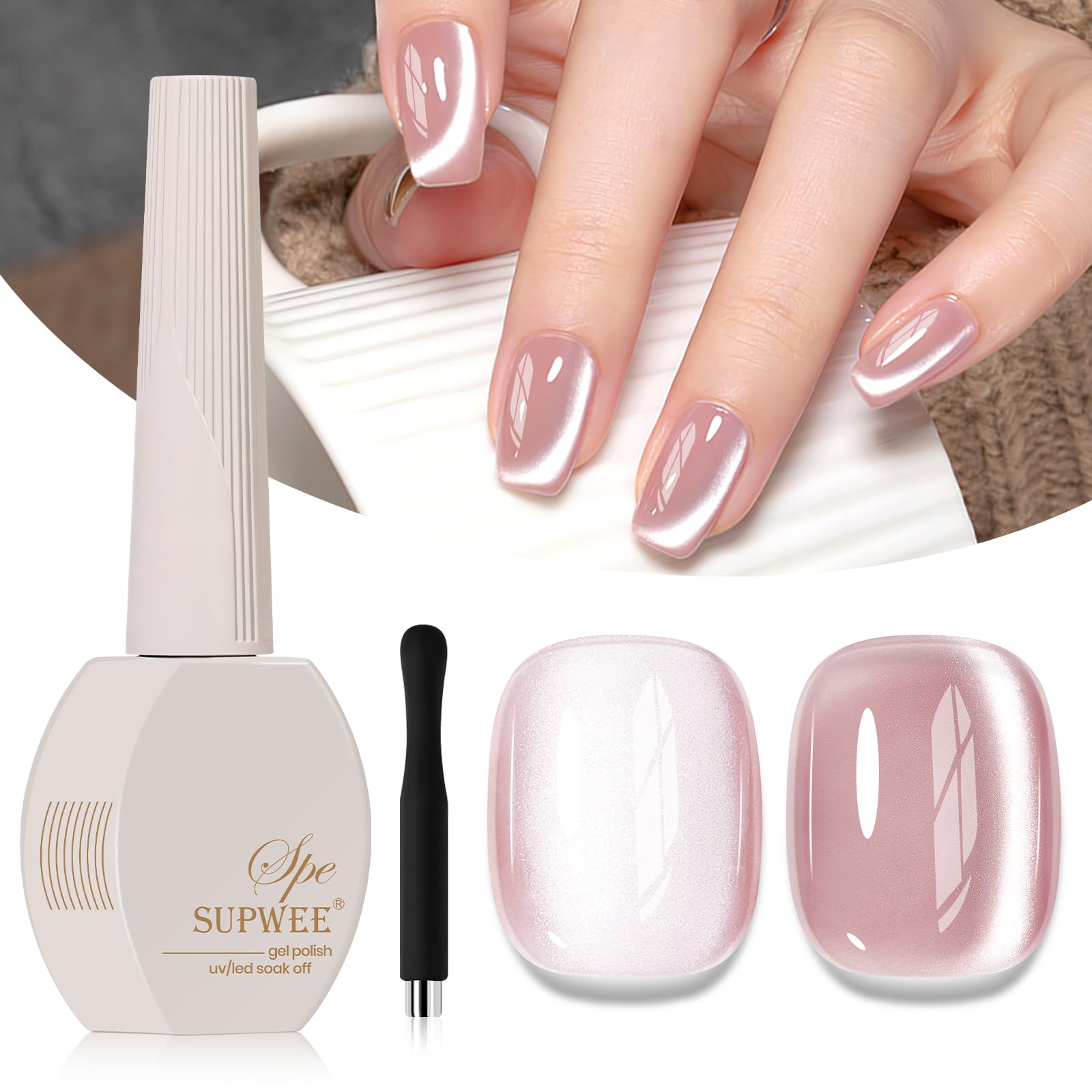 Pink Cat Eye Gel Nail Polish - 15ml Light Pink Jelly Glassy UV Gel with Magnetic Moonlight Shimmer Glitter, Soak Off Salon Quality DIY Nail Polish for Home Manicure | Perfect for Parties, Weddings & Special Occasions
