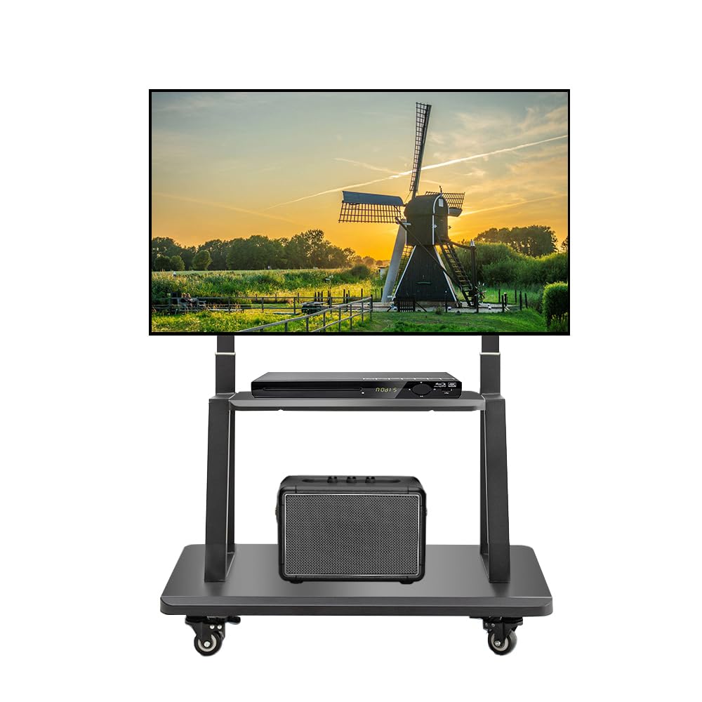 Heavy-Duty Mobile TV Cart with Wheels - Adjustable Height Floor Stand for 42-86 Inch LCD LED OLED Flat Screen TVs & Smart Boards - Holds up to 176lbs with Storage Shelf - Perfect for Classrooms, Offices & Home Entertainment Systems