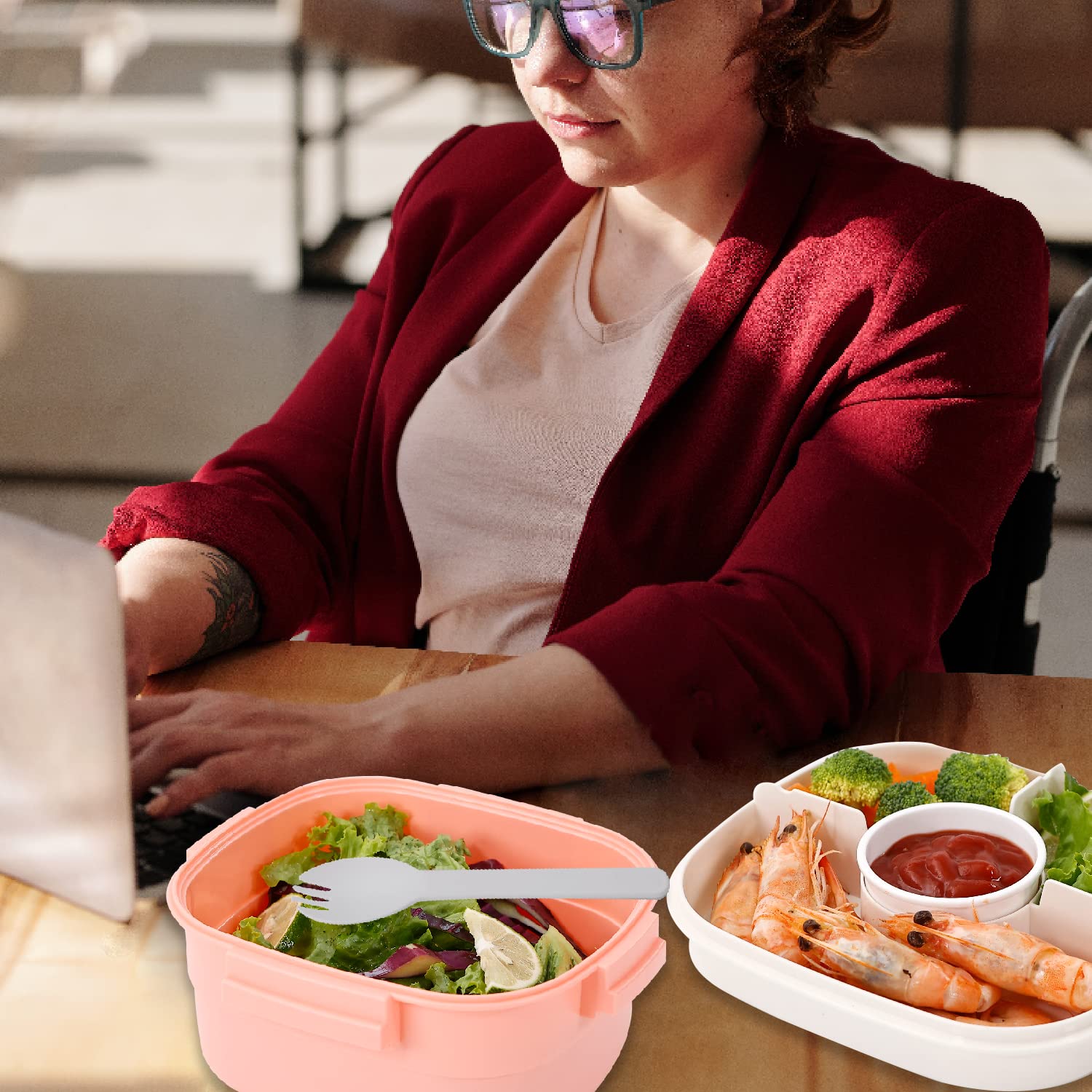 Freshmage 52-oz Leakproof BPA-Free Salad Container with Ice Pack - 4 Compartment Lunch Box for Men & Women - Perfect for Office, School, Picnics & Meal Prep (Pink)