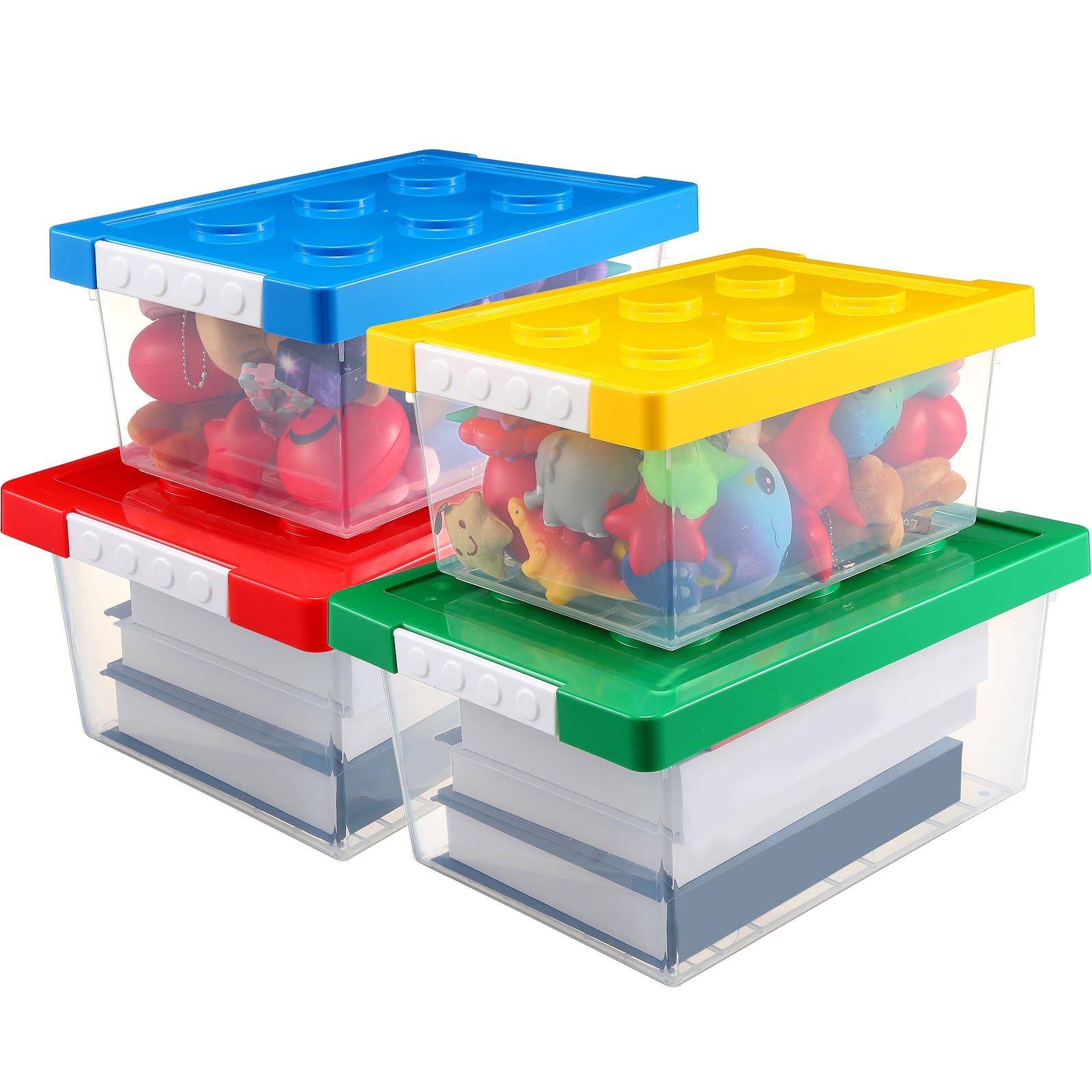 Vicenpal 4 Pack Brick Shaped Toy Storage Containers with Lids - Clear Plastic Stackable Organizer Bins for Kids Building Blocks, Dolls & Toys (Large & Small, Red, Yellow, Blue, Green) - Perfect for Playroom, Nursery & Classroom Organization