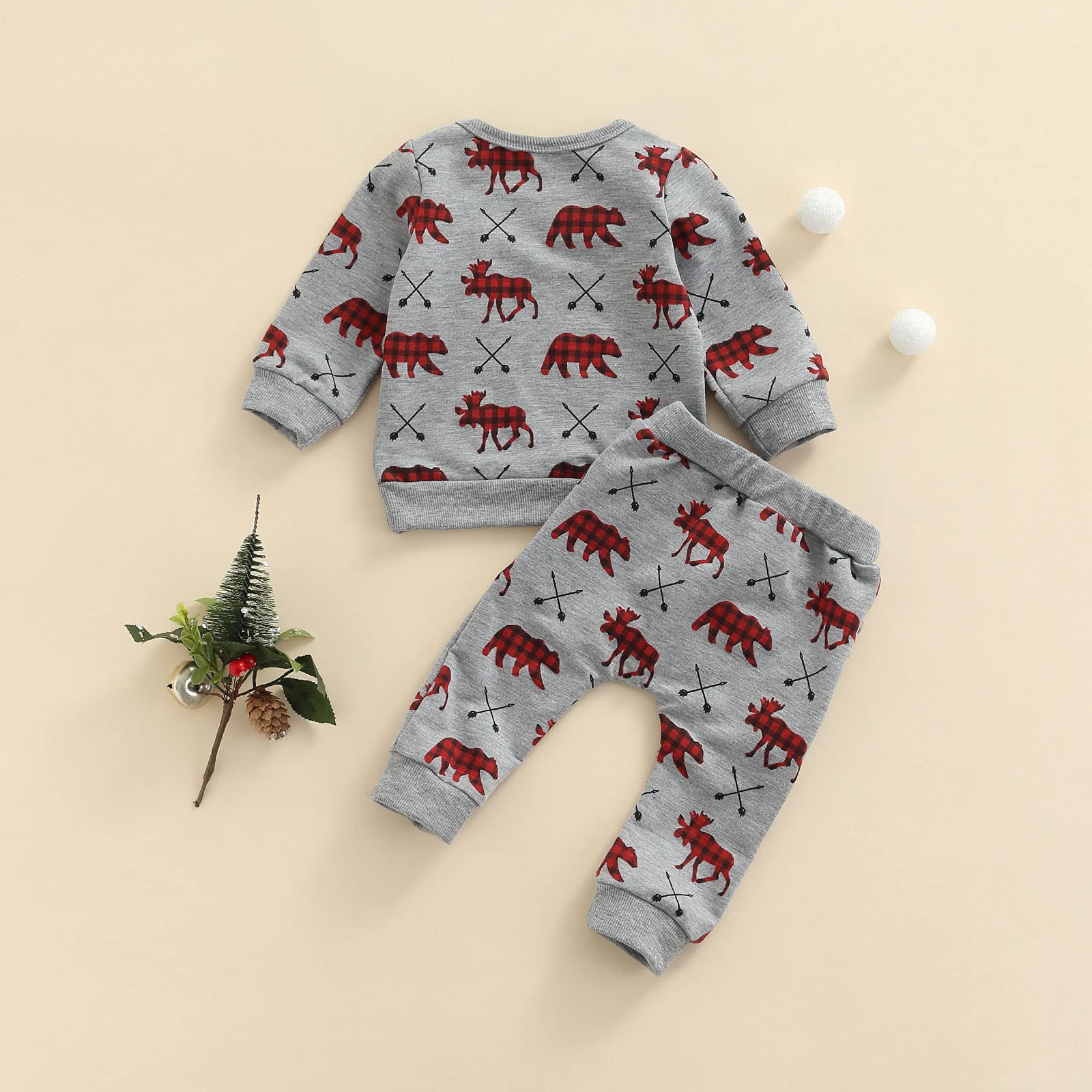 Baby Christmas Outfit Set - Newborn Boy Fall Clothes with Deer Print Sweatshirt & Pants | Holiday Photoshoot, Family Gathering & Winter Party Outfit