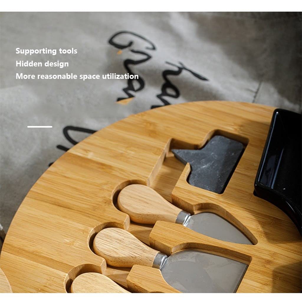 Premium Bamboo Charcuterie Board Set with 4 Stainless Steel Knives & 3 Ceramic Bowls - Elegant Cheese Platter for Entertaining, Pizza Serving, Candy Display, Bread & Biscuits - Perfect for Parties, Weddings & Holiday Gatherings (Black)