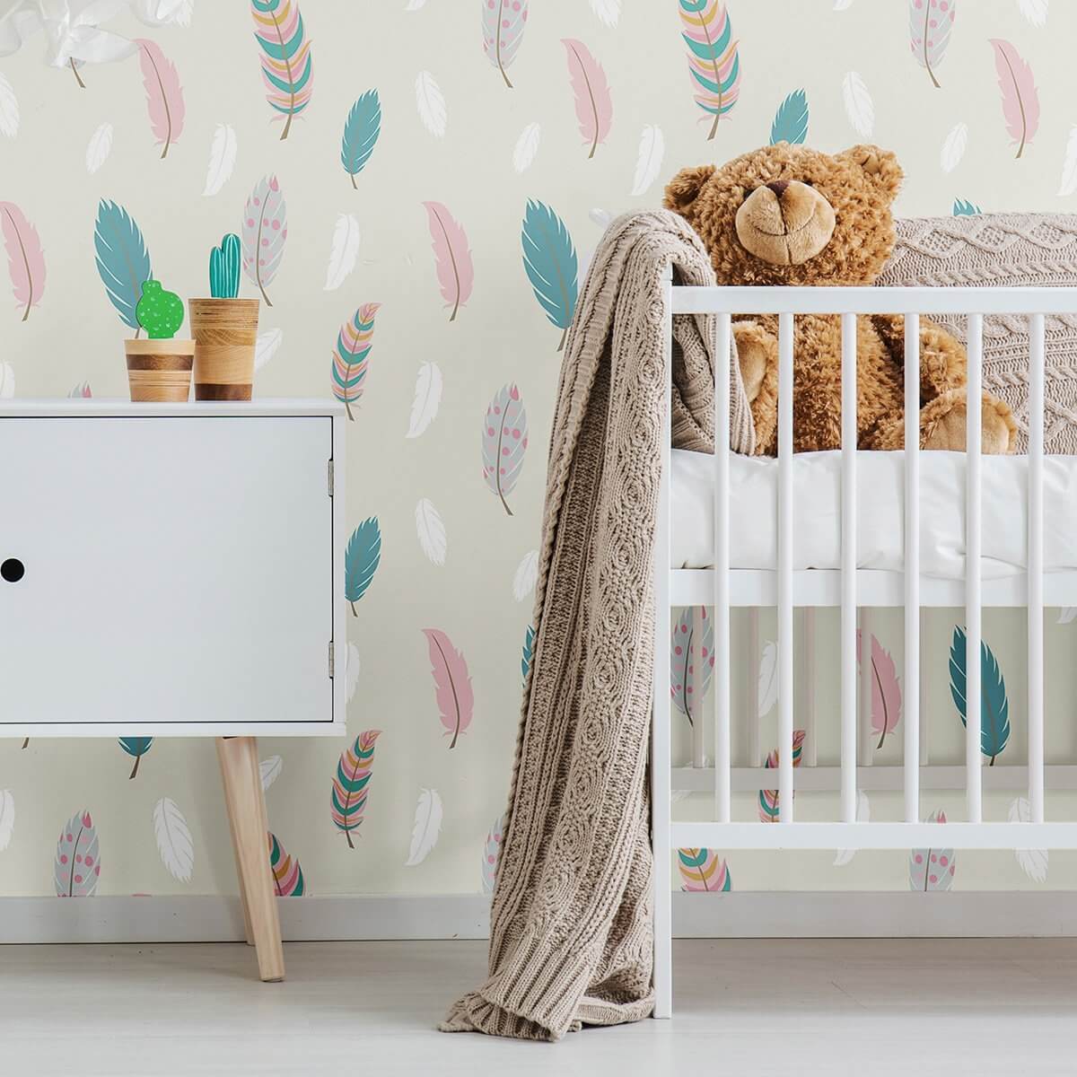 Cream and Teal Animal Print Baby Nursery Removable Wallpaper - Self-Adhesive Peel & Stick Wall Decor for Kids Room, Bedroom, Playroom