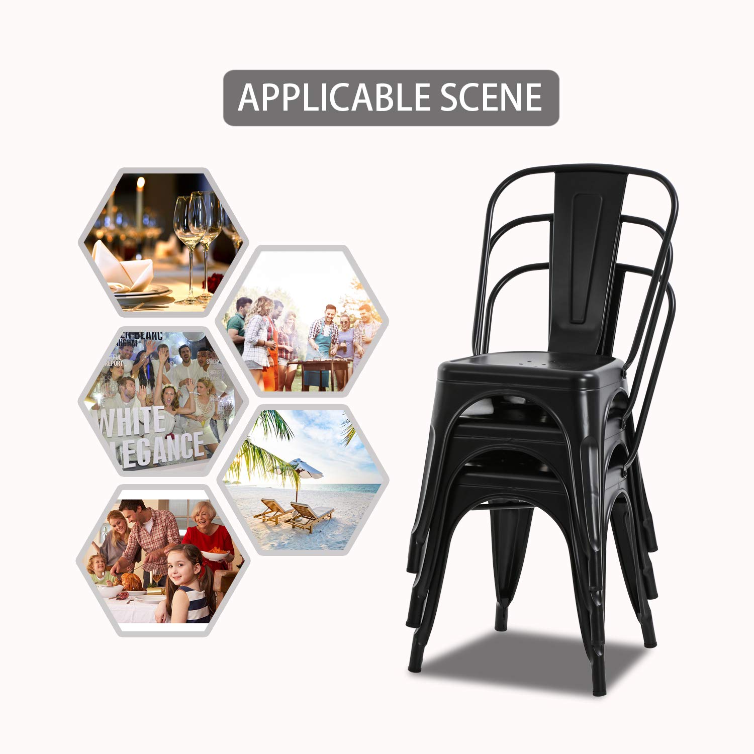 HCB 4-Pack Metal Dining Chairs - Heavy Duty 330 LBS Capacity Stackable Indoor/Outdoor Kitchen & Patio Chairs with Back Support - Perfect for Restaurants, Cafes, and Home Dining (Black)