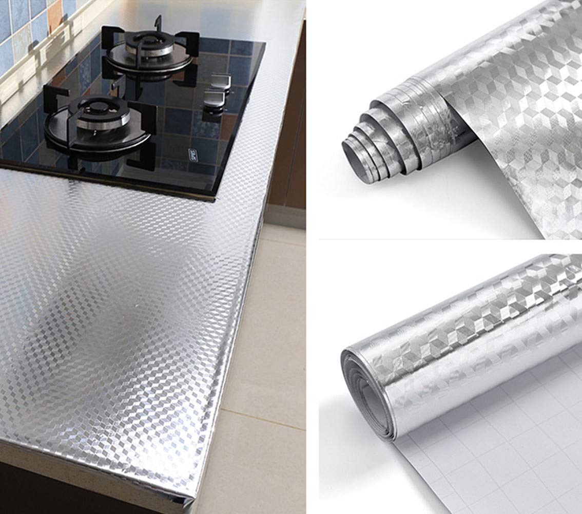 Silver Kitchen Backsplash Sticker - Self-Adhesive Aluminum Foil Peel & Stick Wallpaper - DIY Cabinet, Drawer & Shelf Liner - 15.8 x 100 Inches - Easy to Clean & Waterproof for Countertops, Pantry & Refrigerator Organization