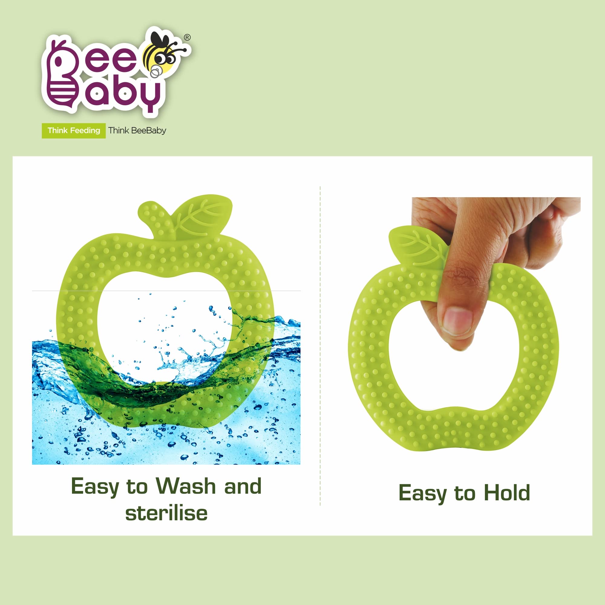 BeeBaby Apple-Shaped Soft Silicone Teether for Babies 3-6 Months | BPA-Free Teething Toy with Textured Surface for Gum Relief | Includes Carrying Case | 100% Food Grade Safe (Green Apple) - Perfect for On-the-Go Soothing & Early Dental Care