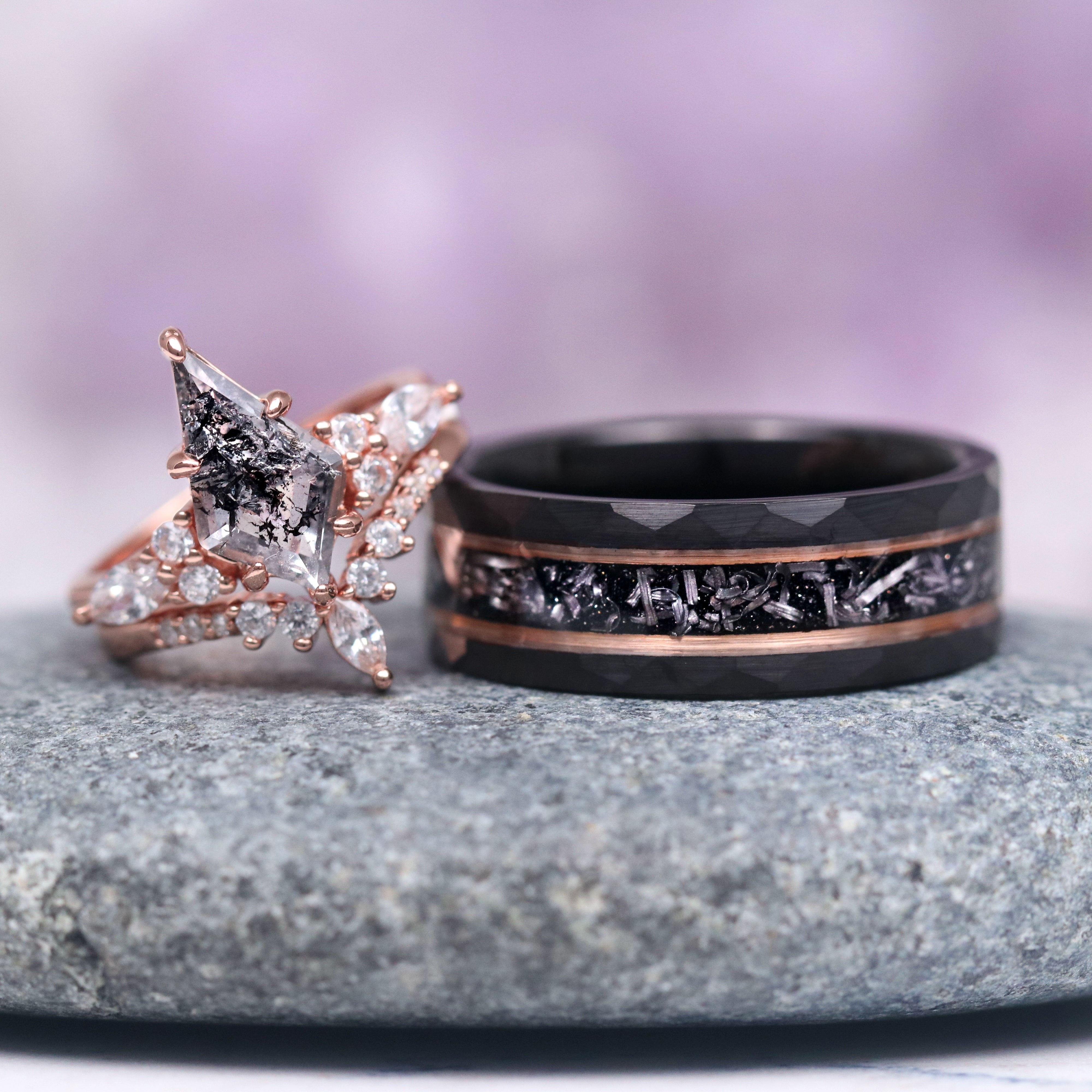 8MM Rose Gold & Black Tungsten Galaxy Meteorite Starry Hammered Wedding Band for Men - Perfect for Engagements, Anniversaries, and Unique Gifts