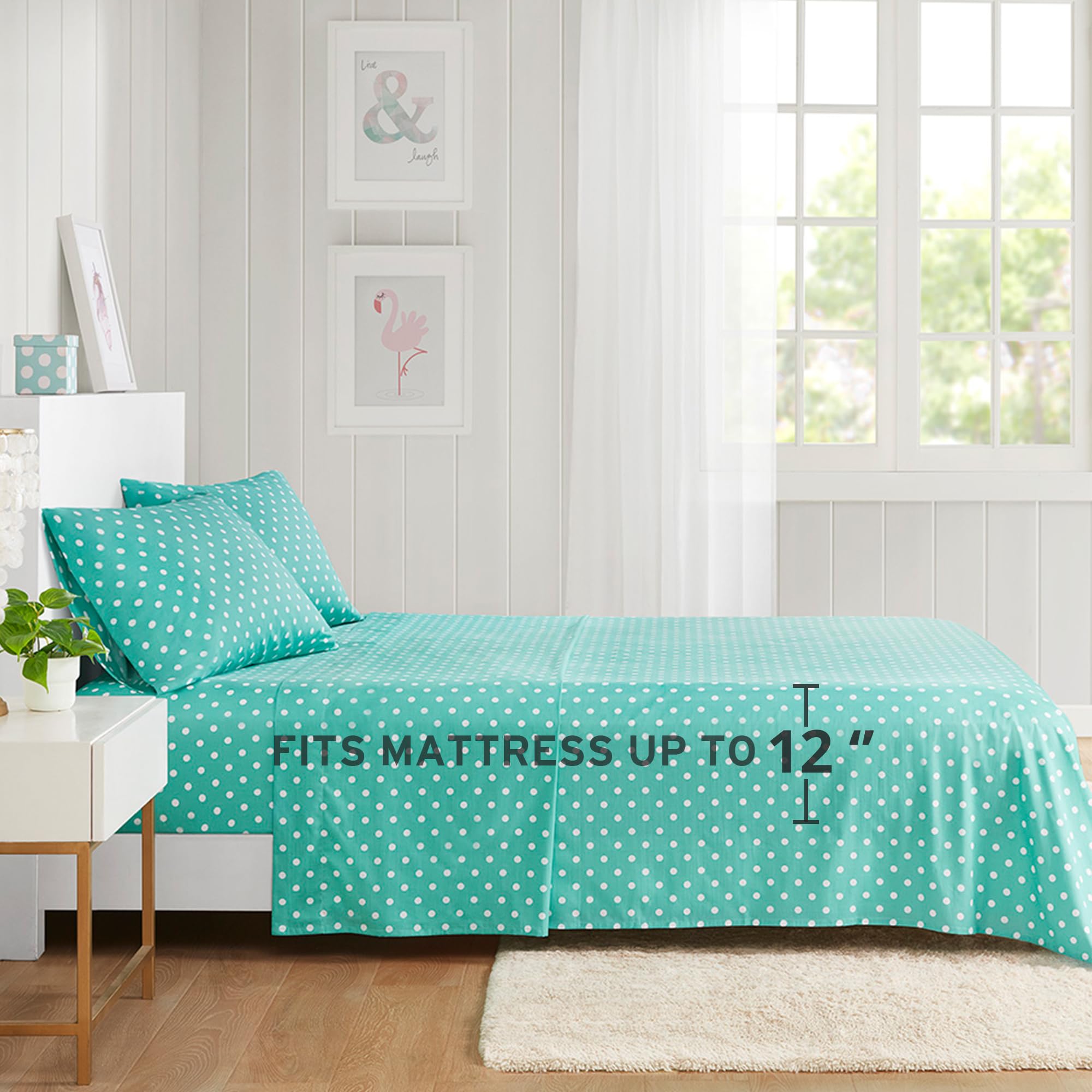 Mi Zone Seafoam Twin Size Sheet Set - 100% Cotton Percale Soft Bedding for Kids & Girls, Polka Dot Design - Includes Flat Sheet, Fitted Sheet (Fits 14