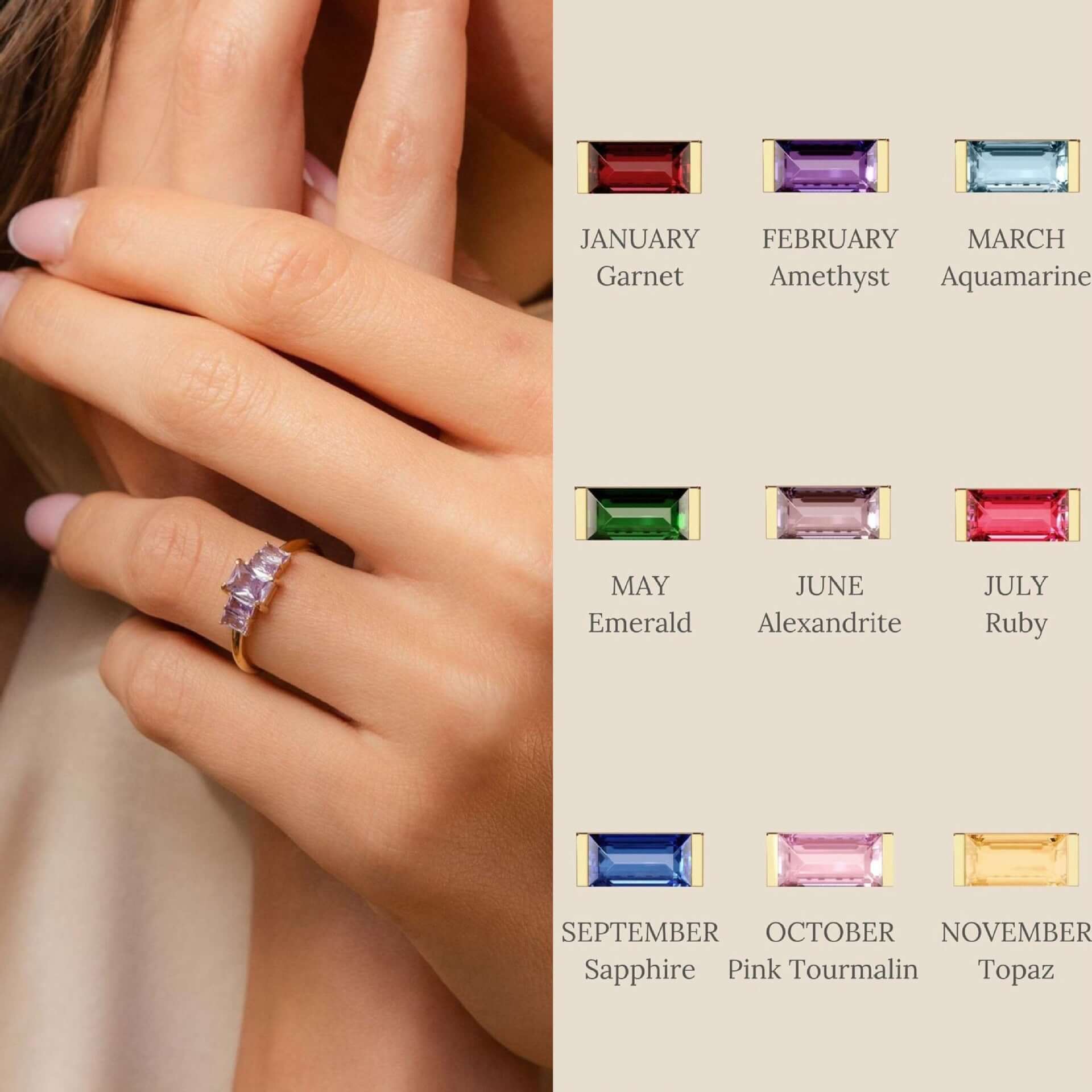 Dainty Baguette Birthstone Row Band Ring | JPF01 | Elegant Stackable Jewelry for Women | Perfect for Birthdays, Anniversaries & Everyday Wear