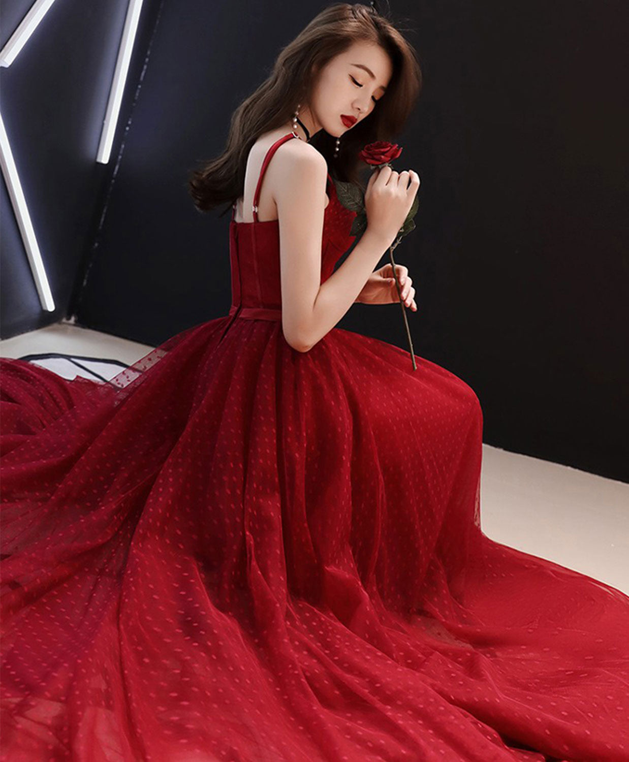 Elegant Burgundy Tulle Lace Long Prom Dress | Formal Evening Gown for Women | Perfect for Homecoming, Wedding Guest & Special Occasions