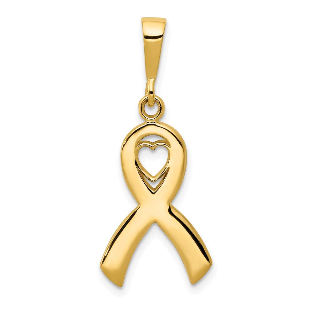 14k Yellow Gold Polished Heart Awareness Ribbon Pendant - Elegant Black Bow Jewelry for Cancer Support, Gift for Survivors & Loved Ones