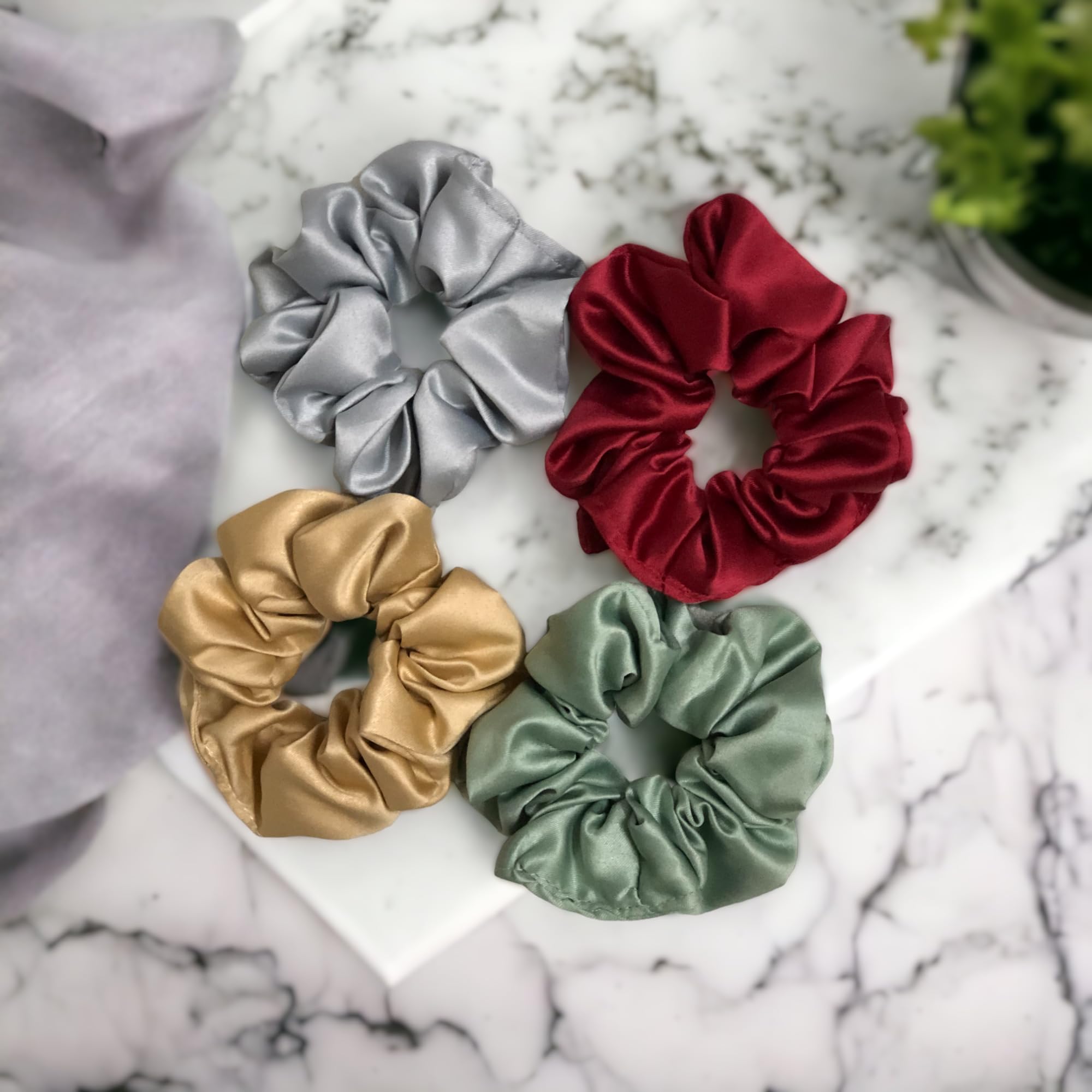 Luxury Satin Silk Scrunchies & Hair Bands for Women, Girls, Kids - Soft Elastic Hair Ties for Daily Use, Parties, Gifts in Silver, Beige, Dark Red, Pastel Green (4-Pack) - Perfect for School, Work, Weddings & Special Occasions
