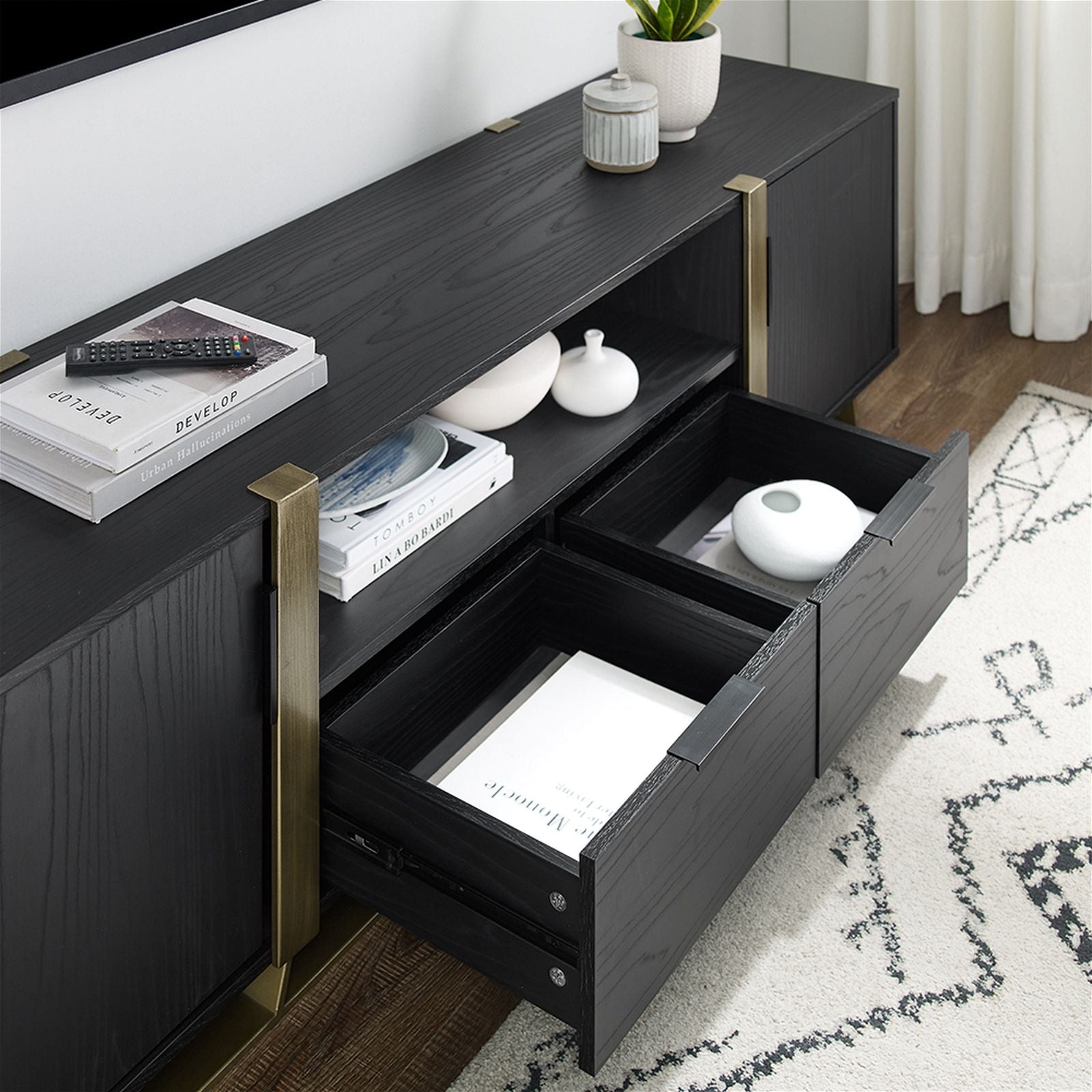 Modern CAPRI Entertainment TV Stand Cabinet - Black Oak with Gold Accents for Living Room, Bedroom & Home Theater Setup