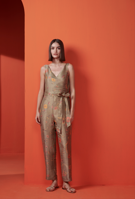 Elegant Olive Silk Brocade Overlap Jumpsuit for Women - Perfect for Evening Parties, Weddings & Special Occasions