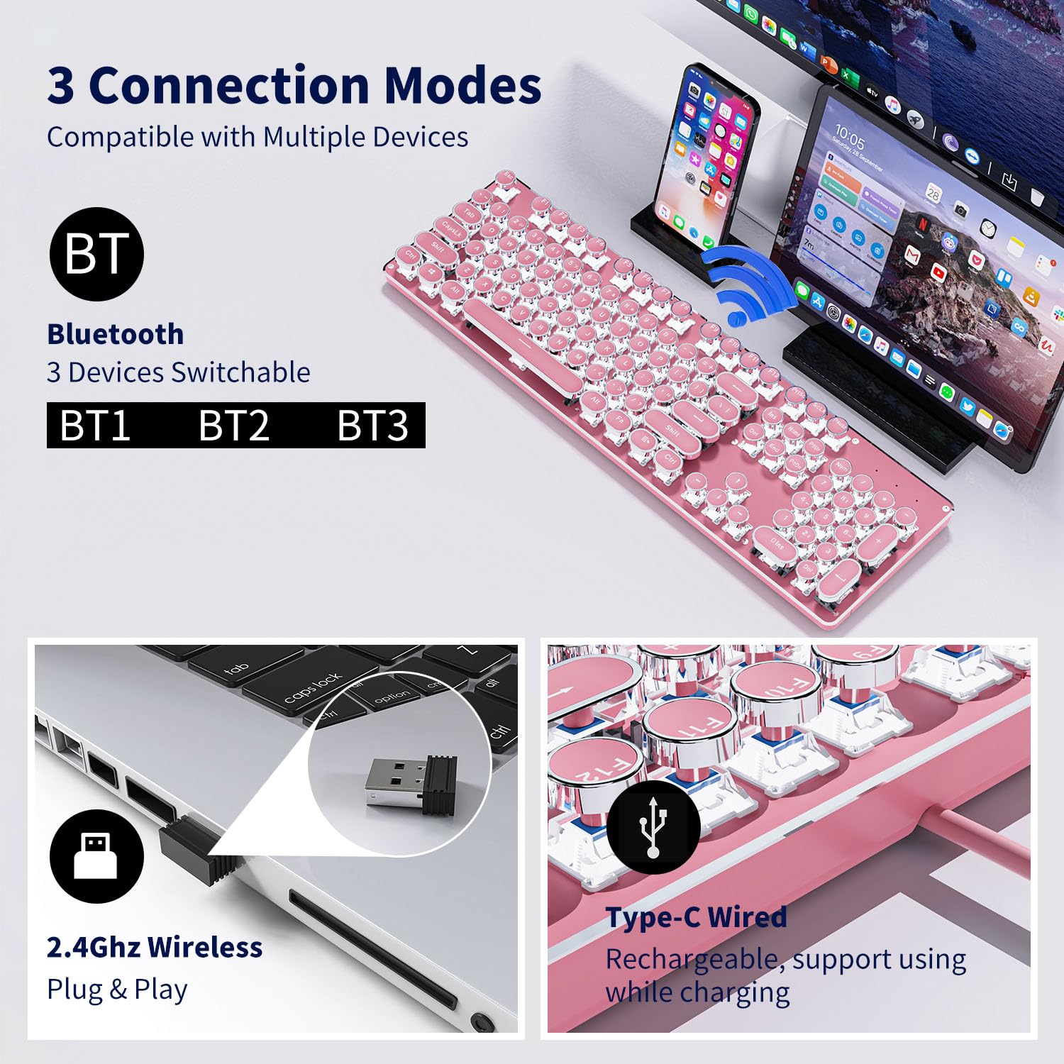 EWEADN TK950 Wireless Mechanical Keyboard - 104 Keys Typewriter Style with White Backlit, Blue Switch, Anti-Ghosting (Bluetooth/2.4GHz/USB-C) - Pink Cute Keyboard for Office, Gaming & Creative Writing
