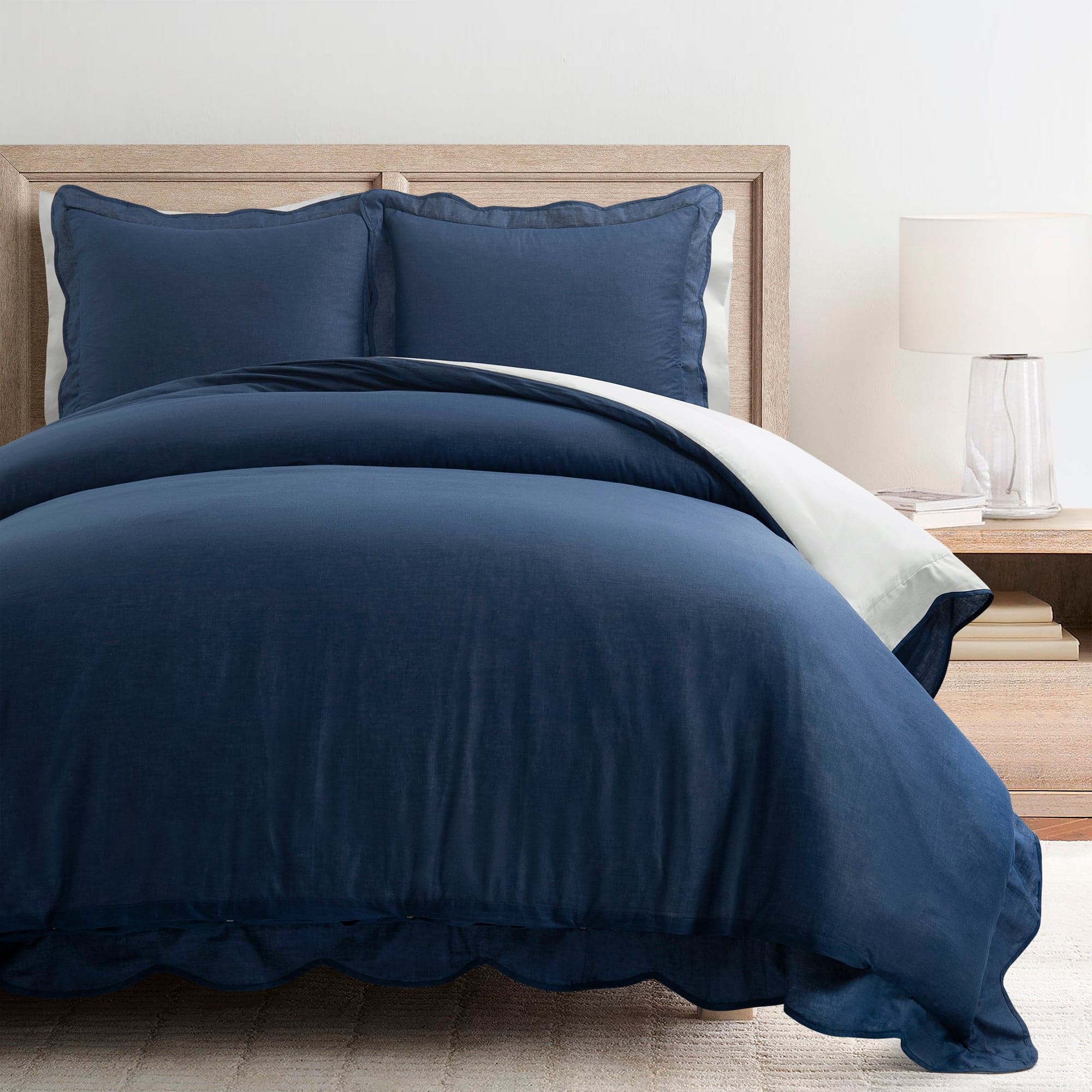 Coastal Chic Scalloped Edge 100% Cotton Reversible Duvet Cover Set - Breathable Soft Bedding for Beach House & Boho Bedroom Decor