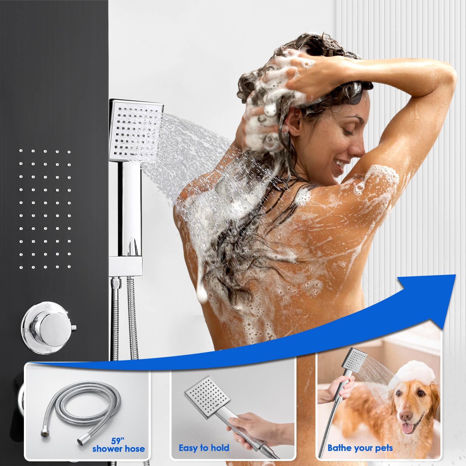 ROVOGO 46.5 Inch Black Stainless Steel Shower Panel Tower System - Rainfall Showerhead, 6 Body Jets, Handheld Spray & Tub Spout - High Pressure Bathroom Upgrade for Spa-Like Experience | Perfect for Master Bath, Luxury Home Renovation & Relaxation