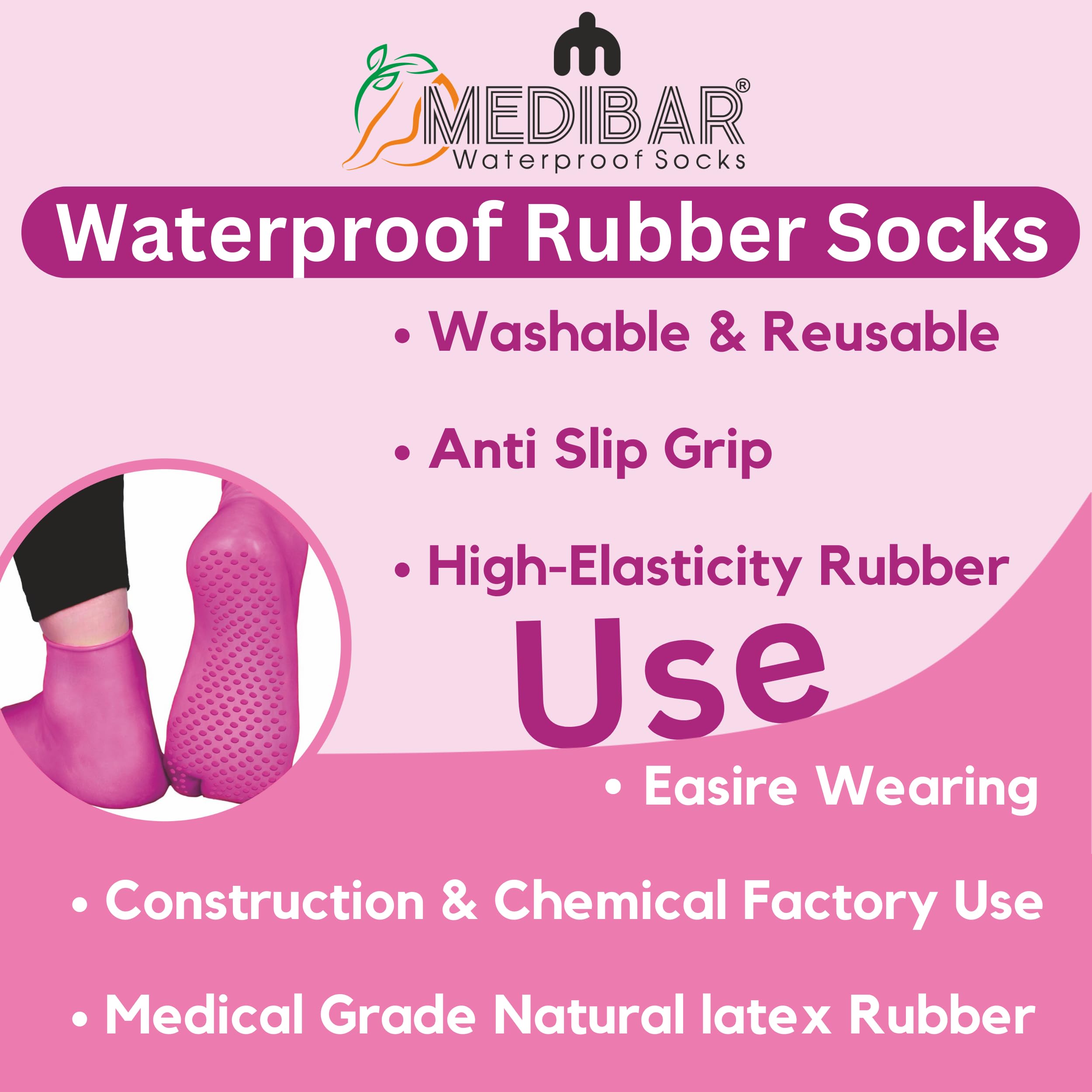 MEDIBAR Anti-Heel Full Length Waterproof Rubber Socks - Moisturizing Silicone Heel Pain Relief Socks for Men & Women (Size Medium 7-9) Pink - Ideal for Dry Cracked Heels, Diabetic Foot Care & Overnight Moisturizing Therapy