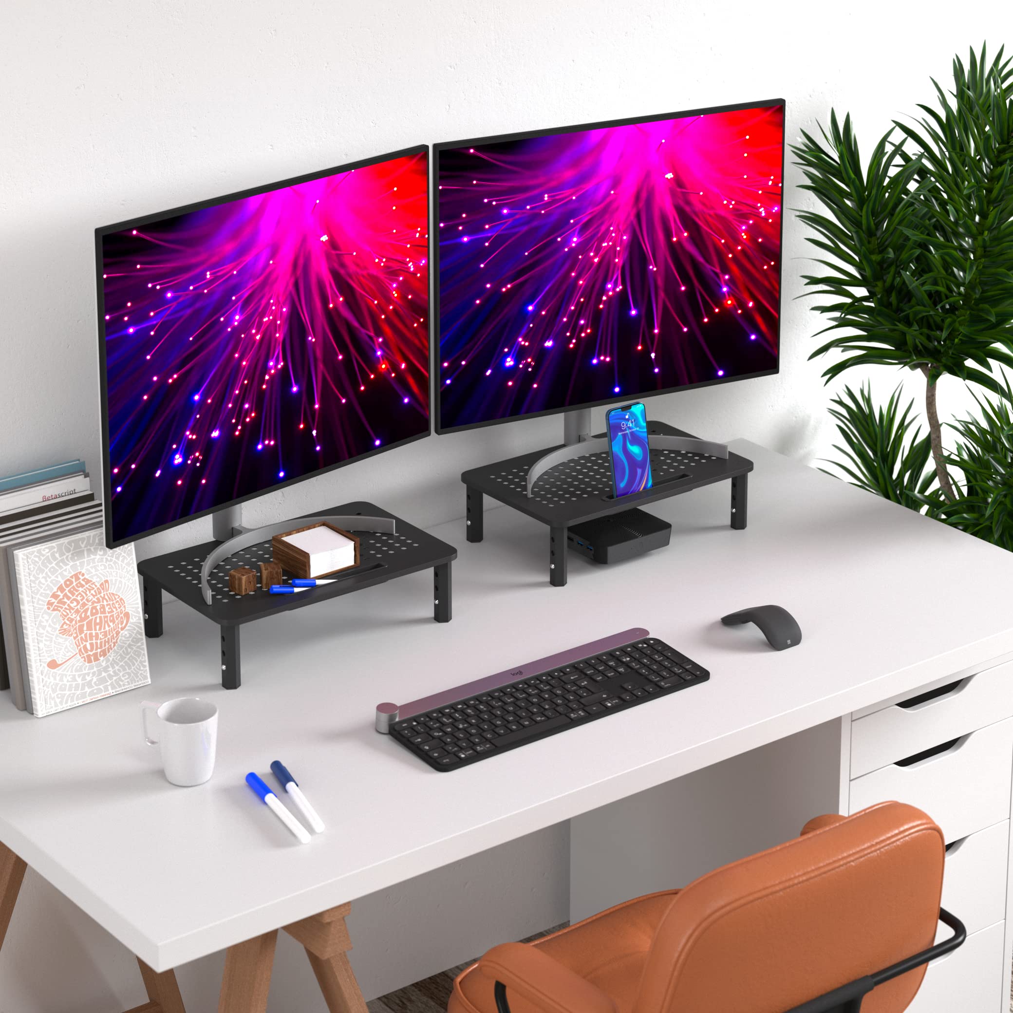 EVOOMI 2-Pack Monitor Stand for Desk - Ergonomic Back Saver Riser with Anti-Skid HD Hexagonal Steel Design - Includes Free Cable Ties - Mesh Metal Computer & Printer Stand (Fits iMac) - Perfect for Home Office, Gaming Setup & Workspace Organization