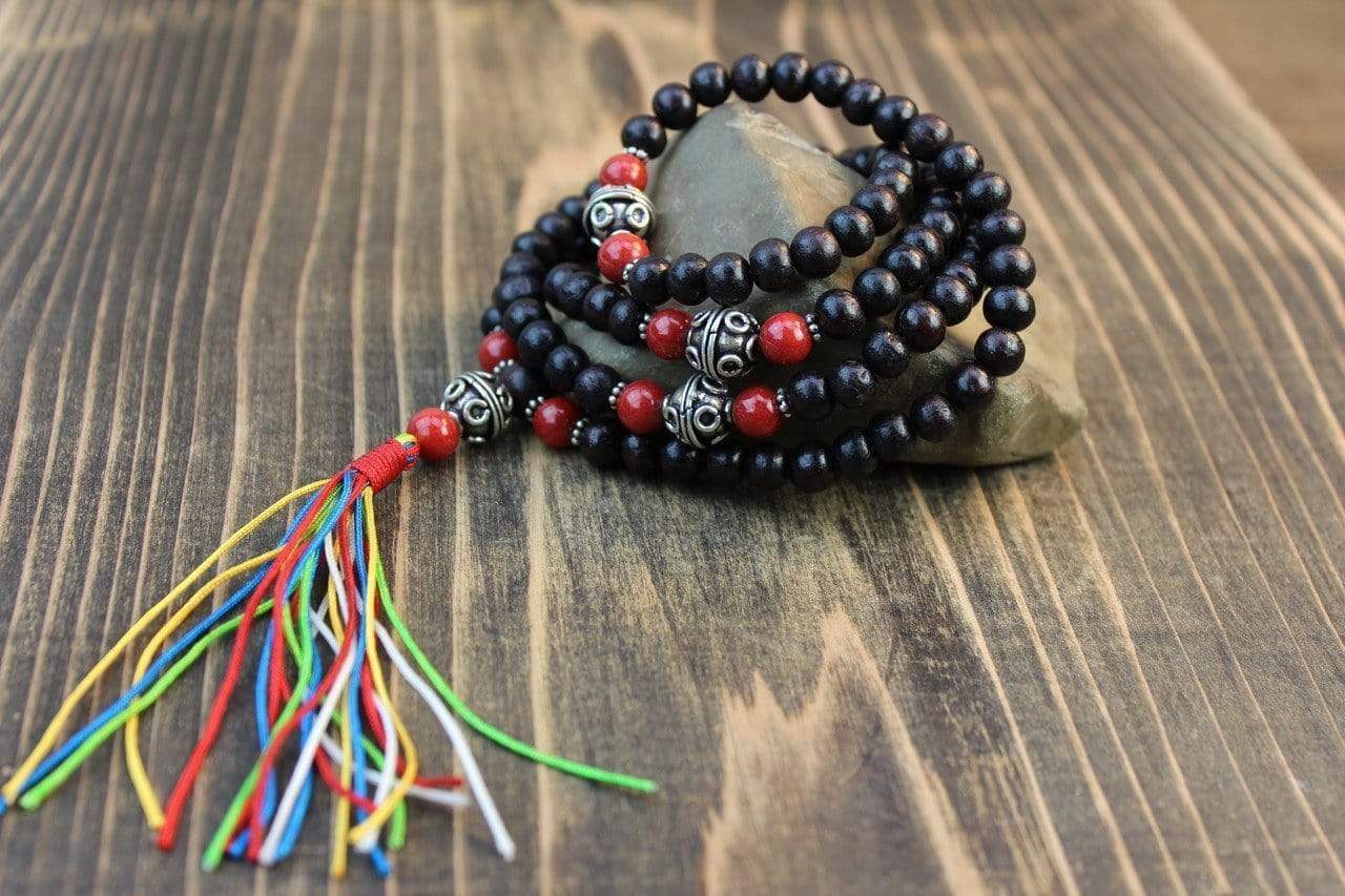 Dark Wood Mala Beads with Rainbow Tassel - Handmade Meditation Necklace for Yoga, Mindfulness & Spiritual Practice