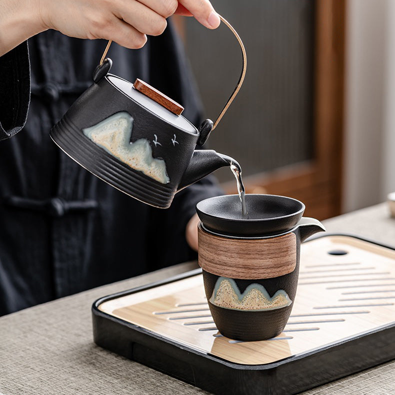 Premium Black Pottery Green Hill Travel Tea Set - Portable Ceramic Tea Cup with Lid & Saucer - Perfect for Camping, Hiking & Outdoor Adventures