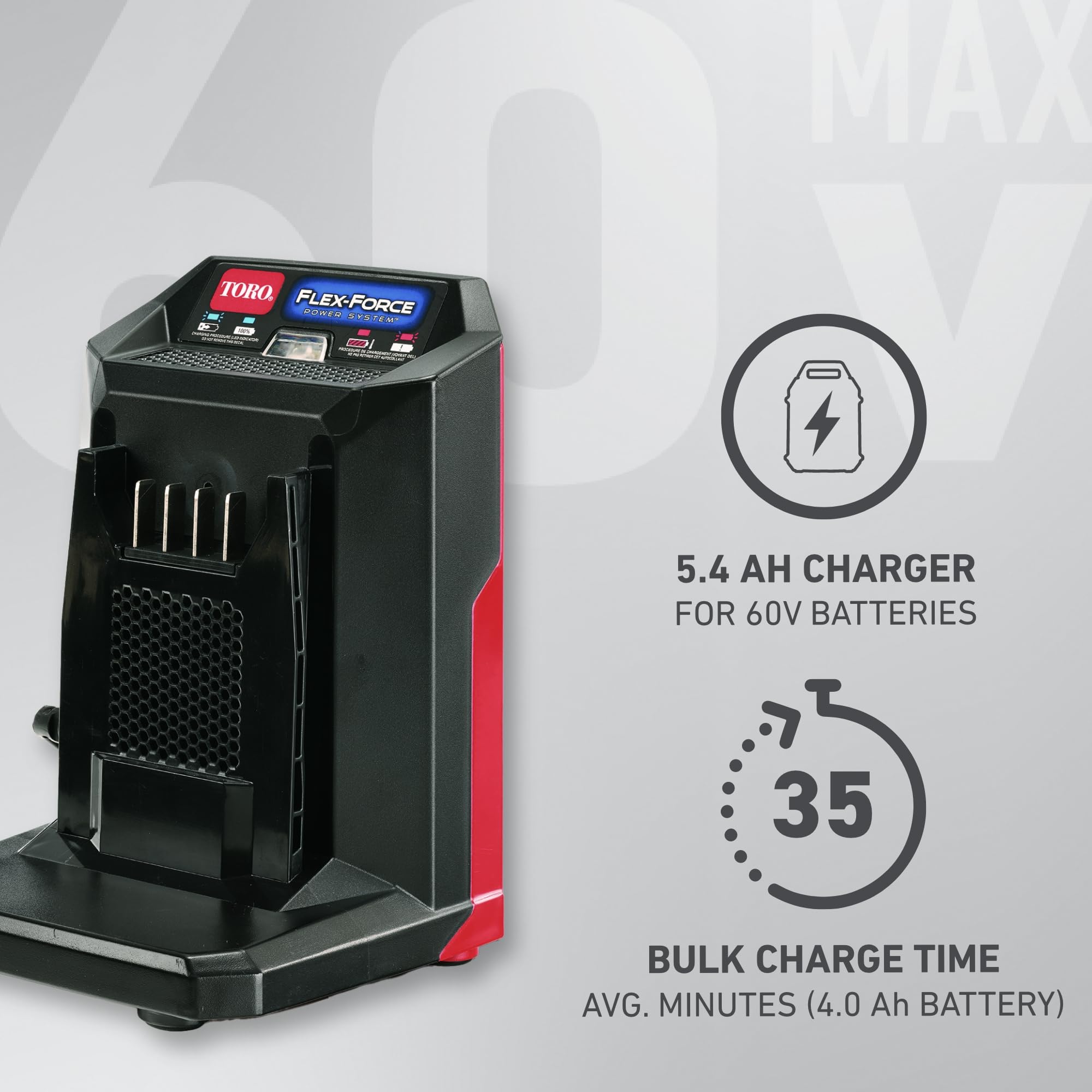 Toro 60V MAX Flex-Force 5.4 Amp Lithium-Ion Battery Rapid Charger - Fast Charging for Outdoor Power Tools - Perfect for Lawn Mowers, String Trimmers & Leaf Blowers