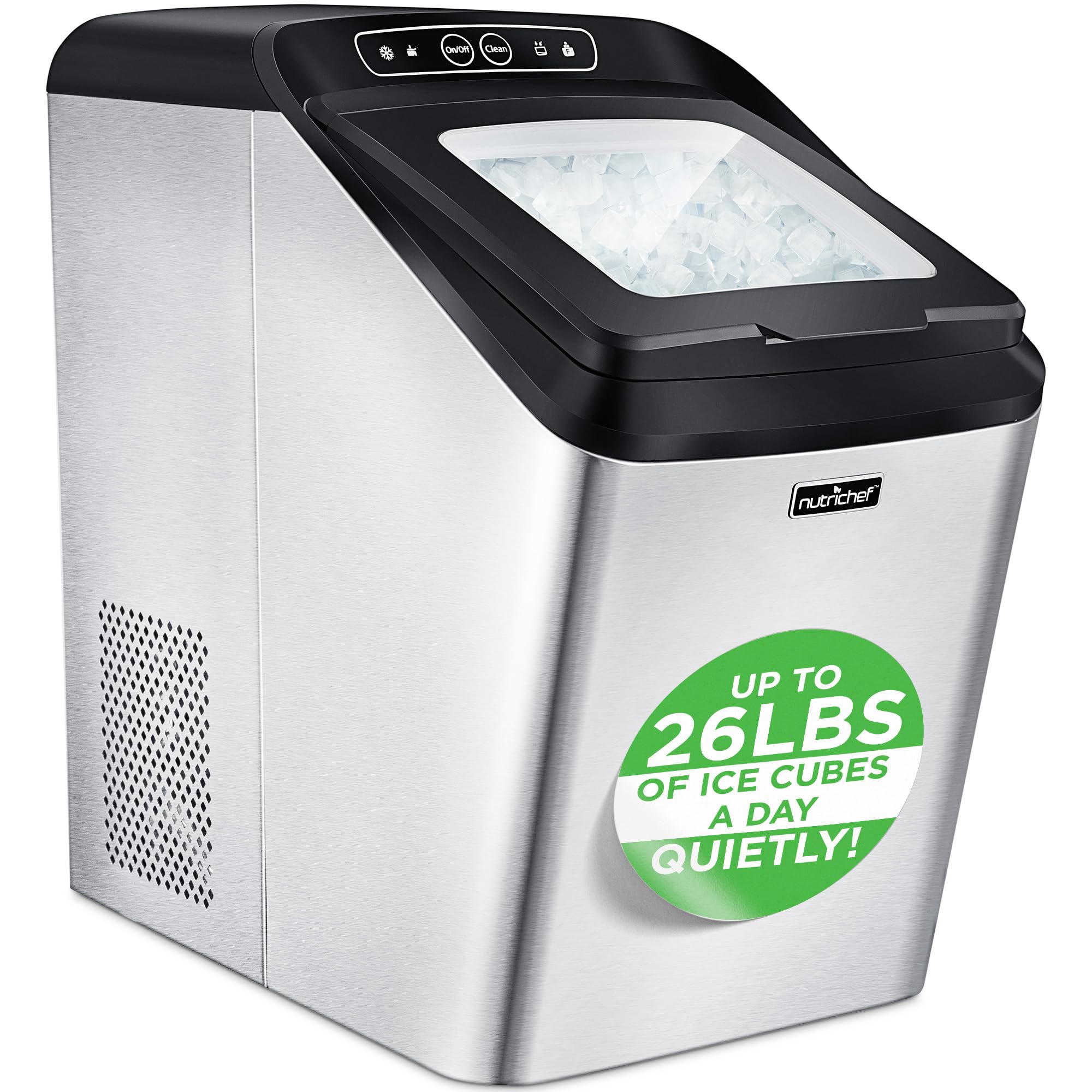 NutriChef Countertop Nugget Ice Maker Machine - Fast & Compact Electric Ice Maker with Ice Scoop & Basket, Rear Drain Hose - Perfect for Home, Office, Party & Outdoor Use - NCICNUG