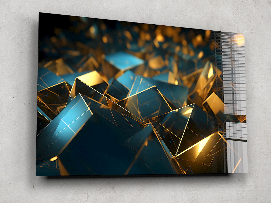 Abstract Golden & Blue Cubes Wall Art - Modern Geometric 3D Decor for Living Room, Bedroom & Office - Perfect for Home & Office Decor