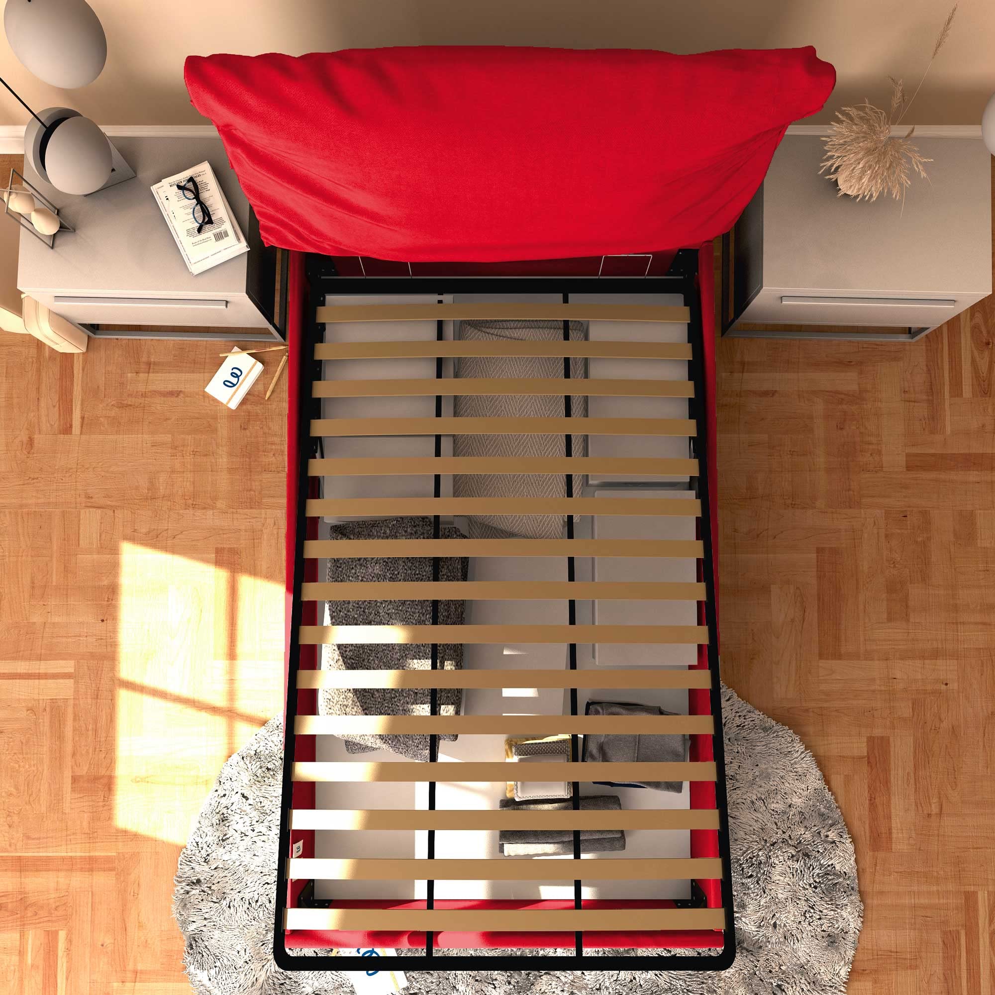 Baldiflex Single Bed with Storage - Licia Soft Synthetic Leather, Slatted Base for Single Mattress, 120 x 190 cm, Padded Headboard, Red - Perfect for Small Bedrooms, Guest Rooms & Studio Apartments