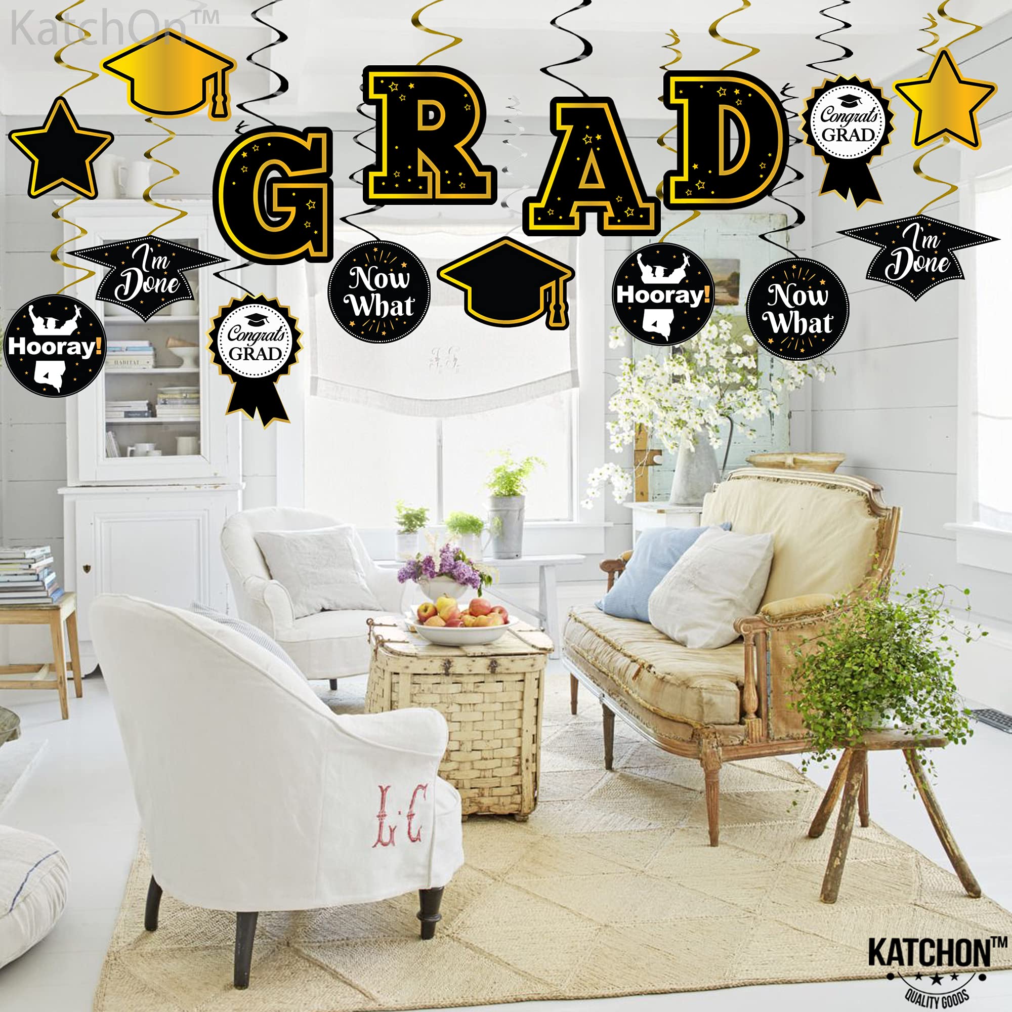 KatchOn Graduation Hanging Swirl Decorations - 35 Pack Black & Gold Party Decor for 2025 Graduation Ceremony | No DIY Required | Perfect for Graduation Parties, School Events & Photo Backdrops