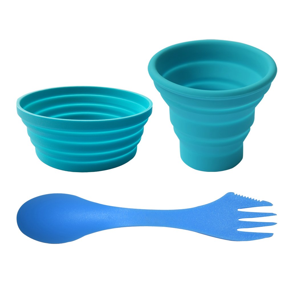 Ecoart 3-Piece Silicone Collapsible Bowl Cup Set with Spork - Lightweight Camping Cookware for Outdoor Adventures, Hiking, Travel & Picnics - BPA-Free, Space-Saving Design
