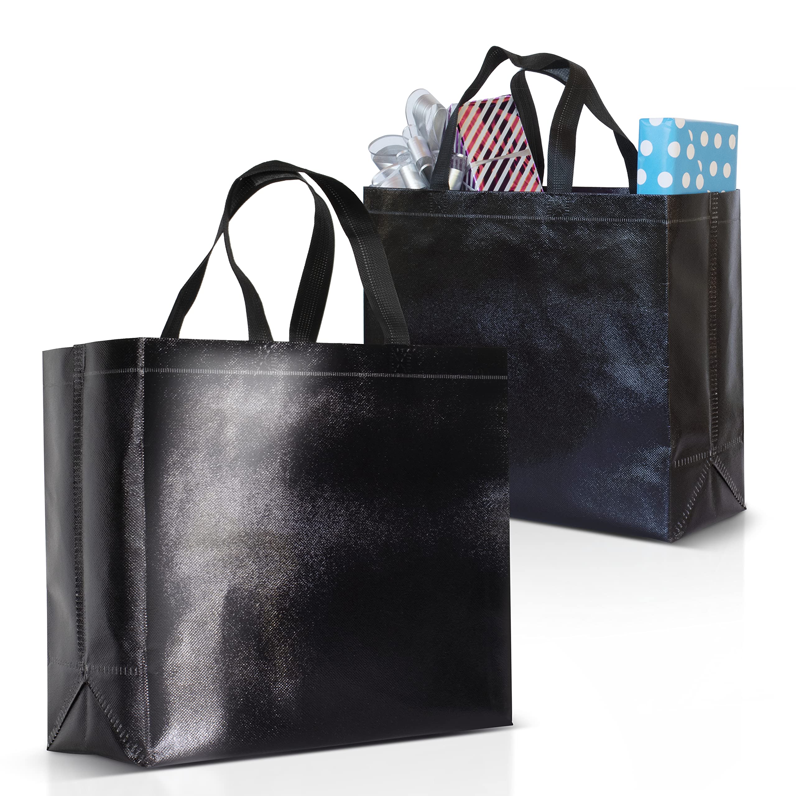 Premium 12-Pack Large Black Gift Bags with Handles - Shiny Reusable Party Favor Bags (13